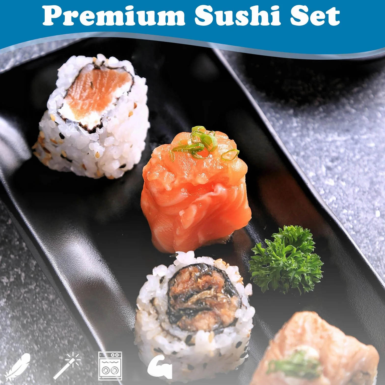 Zestaw 8 japońskich naczyń do sushi, talerze z miseczkami do dipów, 2 pary pałeczek, 2 półki