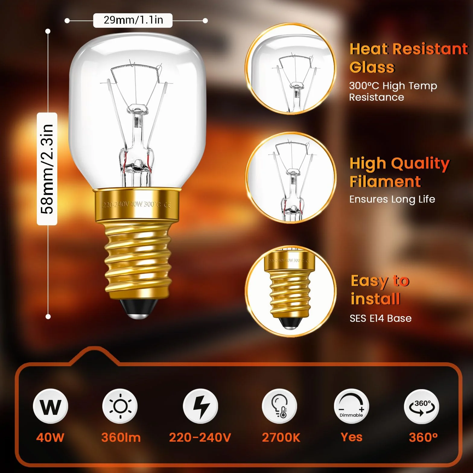 Żarówka do piekarnika E14 300°C 29x58mm 360LM 2700K ciepła biel AC 220-240V zestaw 2 szt