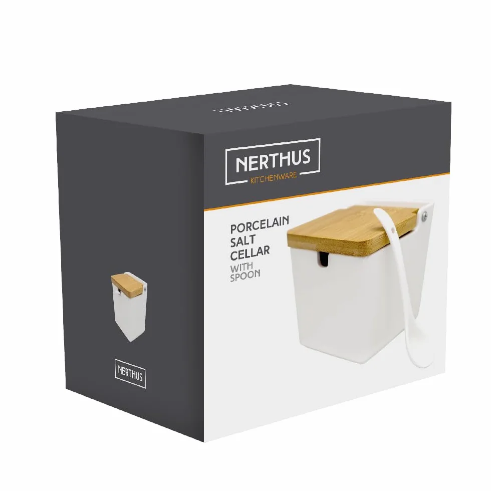 Nerthus FIH 1335 duża kwadratowa solniczka porcelanowa z drewnianą pokrywką i łyżeczką