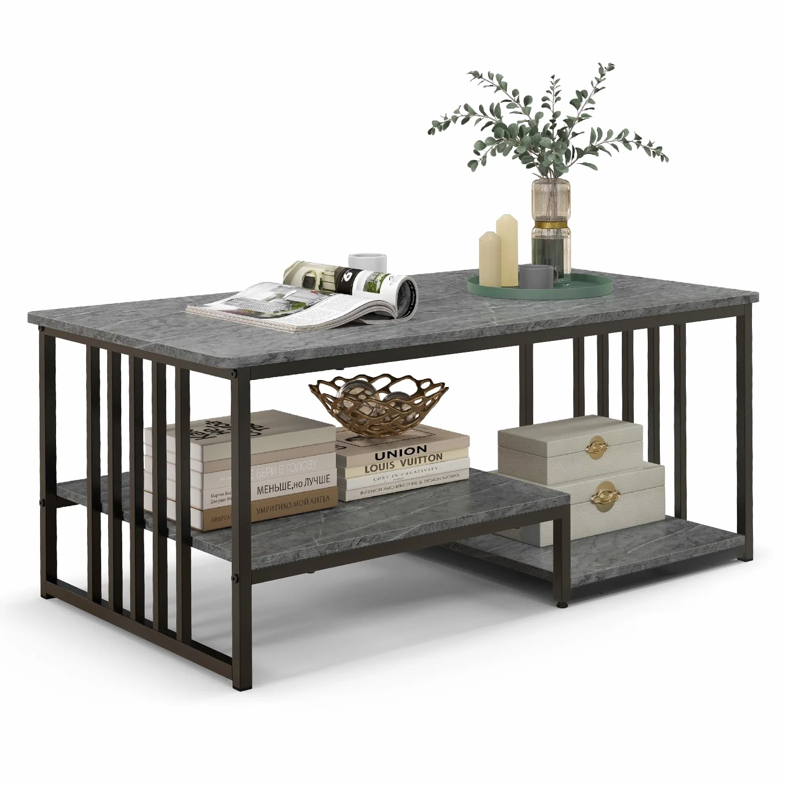 LIFEZEAL Stół Centrum Salonowe, z efektem marmuru, niski stół sofa, Drewno+metal, nowoczesny, otwarty stojak, 110 x 60 x 45 cm