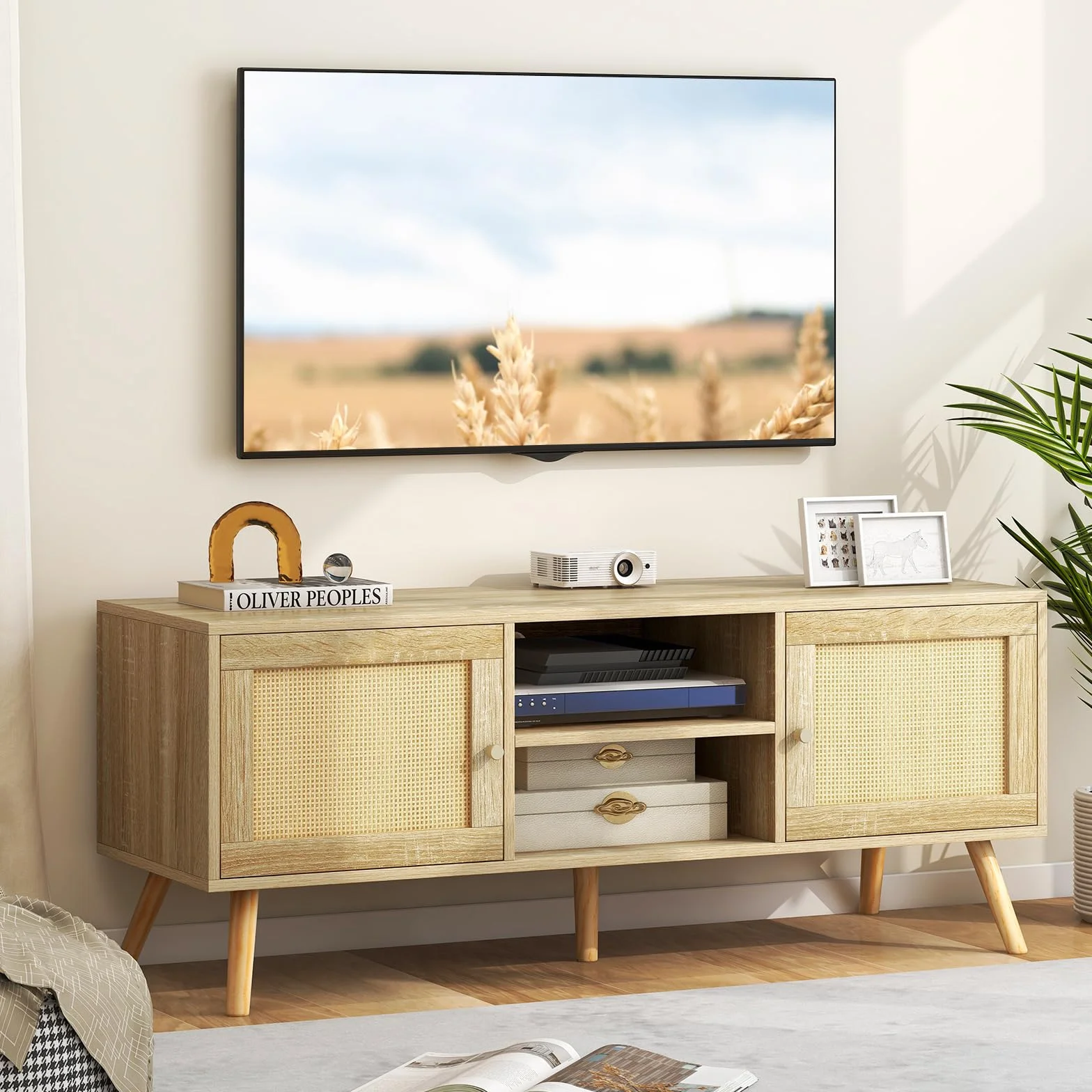 COSTWAY Szafka TV 120x40x48,5 cm niski stolik z ratanu 2 drzwi otwarte półki