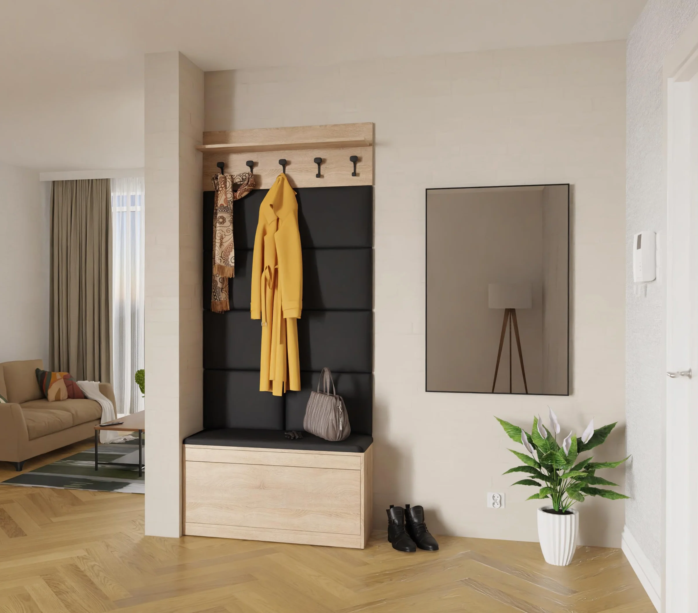 PLATAN ROOM Garderoba ścienna z panelem garderobianym, szafką na buty i szafką wiszącą, 100 cm, garderoba do przedpokoju, zestaw garderobiany na korytarz, dąb dębowy, białe drewno (3-częściowy z 8