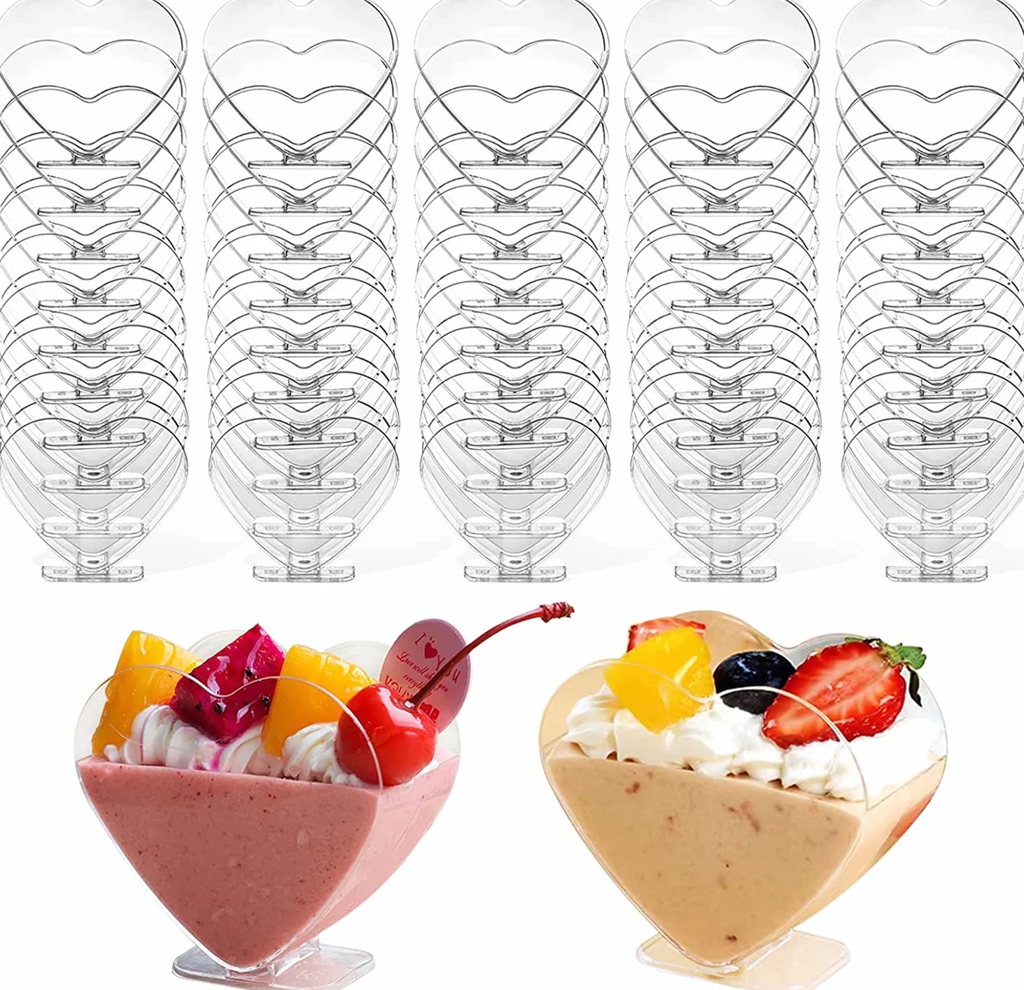 LATERN Plastikowe kubki deserowe, 120 ml, w kształcie serca, przezroczyste parfait, do przystawek, wielokrotnego użytku, na deser, pudding, mus, imprezę, 7,6 x 7,1 cm, 50 szt