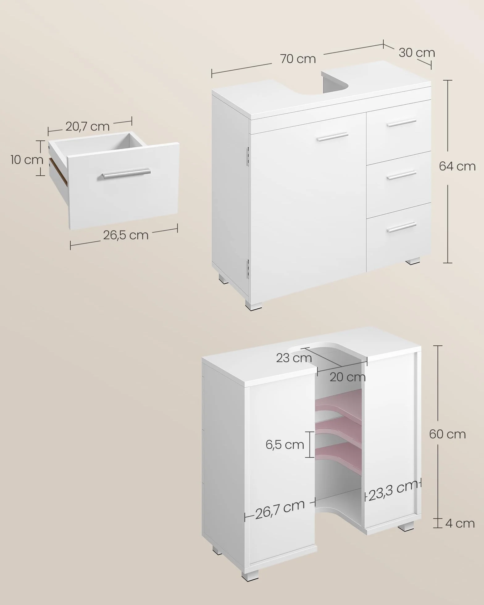 VASAGLE Szafka pod umywalkę, Szafka łazienkowa, 3 szuflady boczne, 2 pudełka za drzwiami, do umywalek kolumnowych, z nóżkami, 30 x 70 x 64 cm, biała chmura BBK504W01