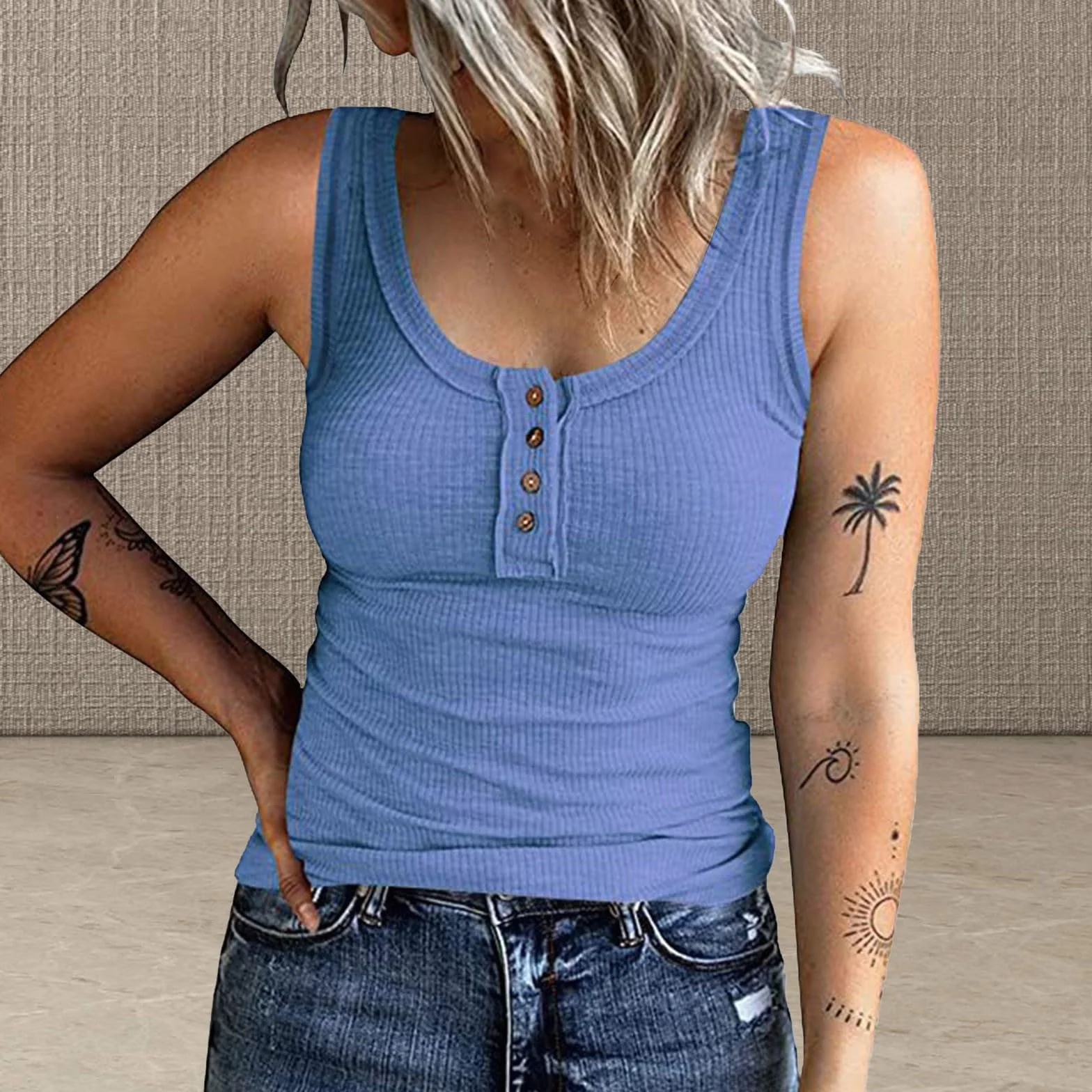 Damskie topy elegancka bluzka bez rękawów kamizelka topy guziki damski top bez rękawów na co dzień okrągła dzianinowa koszula kamizelka dekolt solidny splot damskie podkoszulki i top do spania