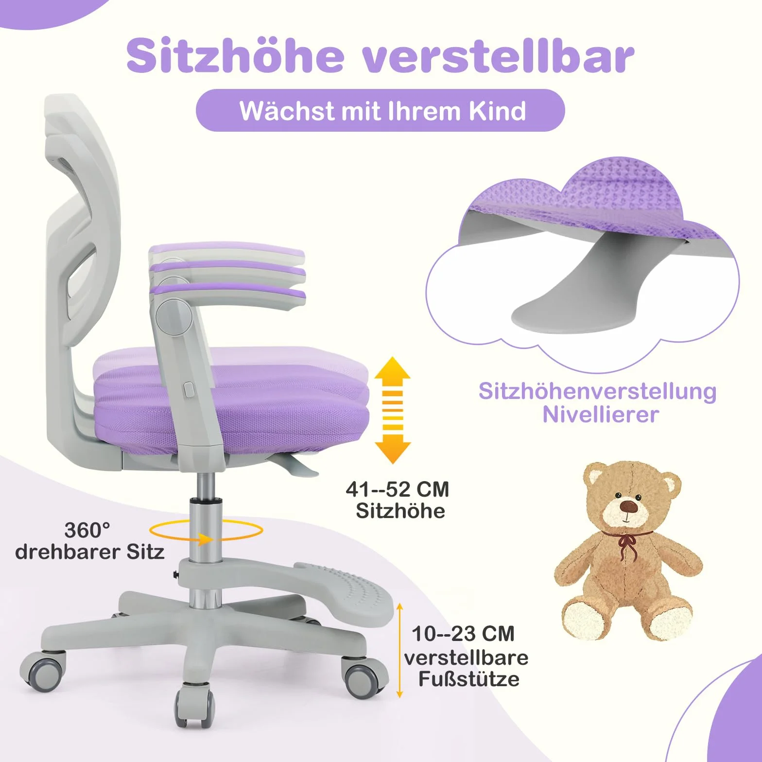 COSTWAY Krzesło do biurka dla dzieci, wysokość siedziska 41-52 cm, z regulacją wysokości, krzesło dziecięce ze składanym podłokietnikiem i podnóżkiem, krzesło obrotowe dla dzieci z kółkami, krzesło