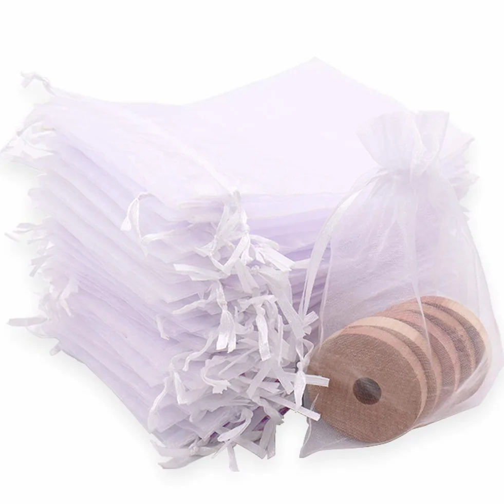 Leeyunbee 100 szt. Białe woreczki z organzy 10 x 15 cm woreczki z organzy, woreczki, na prezent, biżuteria, ślubne torebki na cukierki, na imprezę festiwalową i wesele, satynowy sznurek
