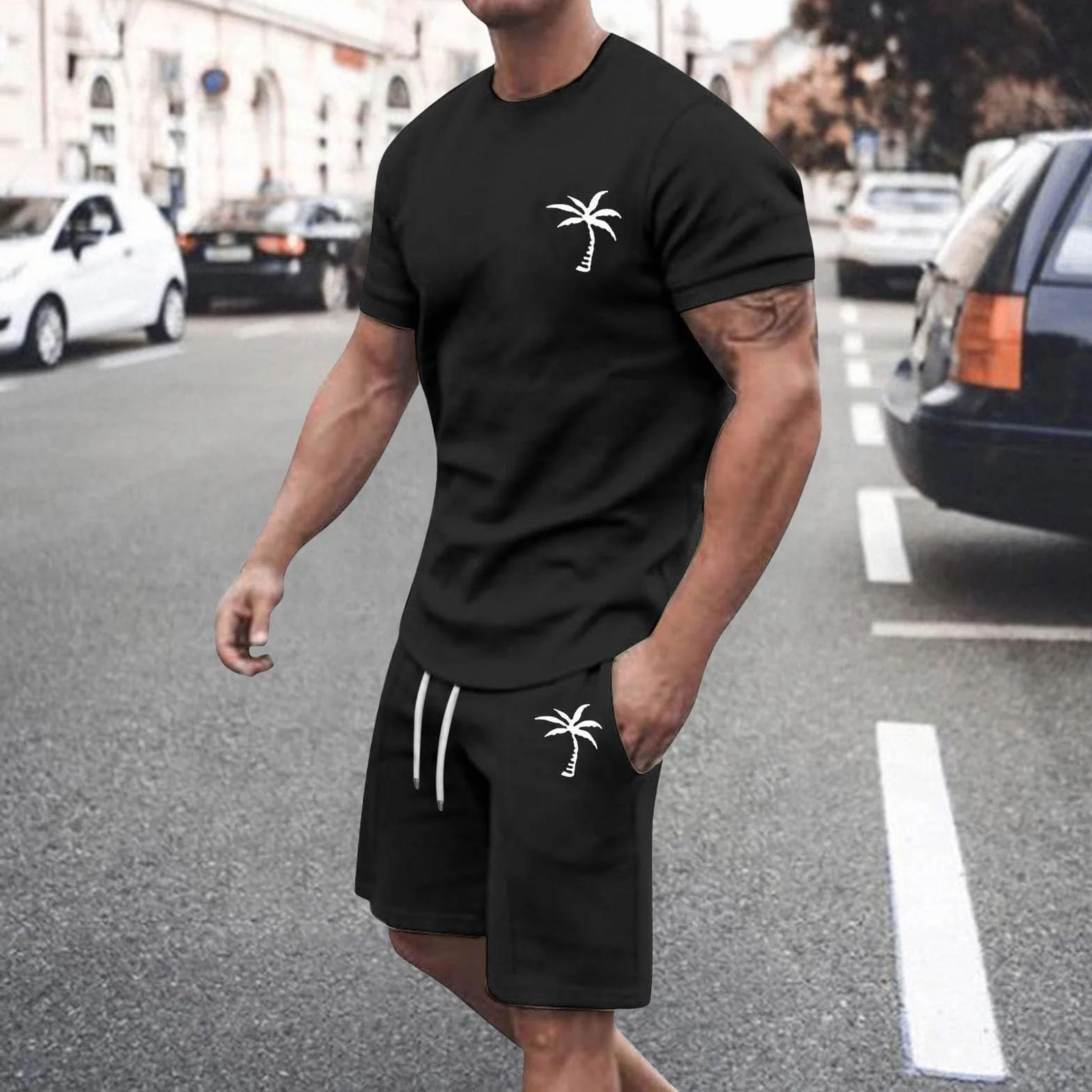 Męski dres sportowy na lato miękki fitness koszulka z krótkim rękawem i krótkie spodnie okrągły dekolt wygodne stroje sportowe z kieszeniami do joggingu, strój gimnastyczny, na siłownię, wakacje