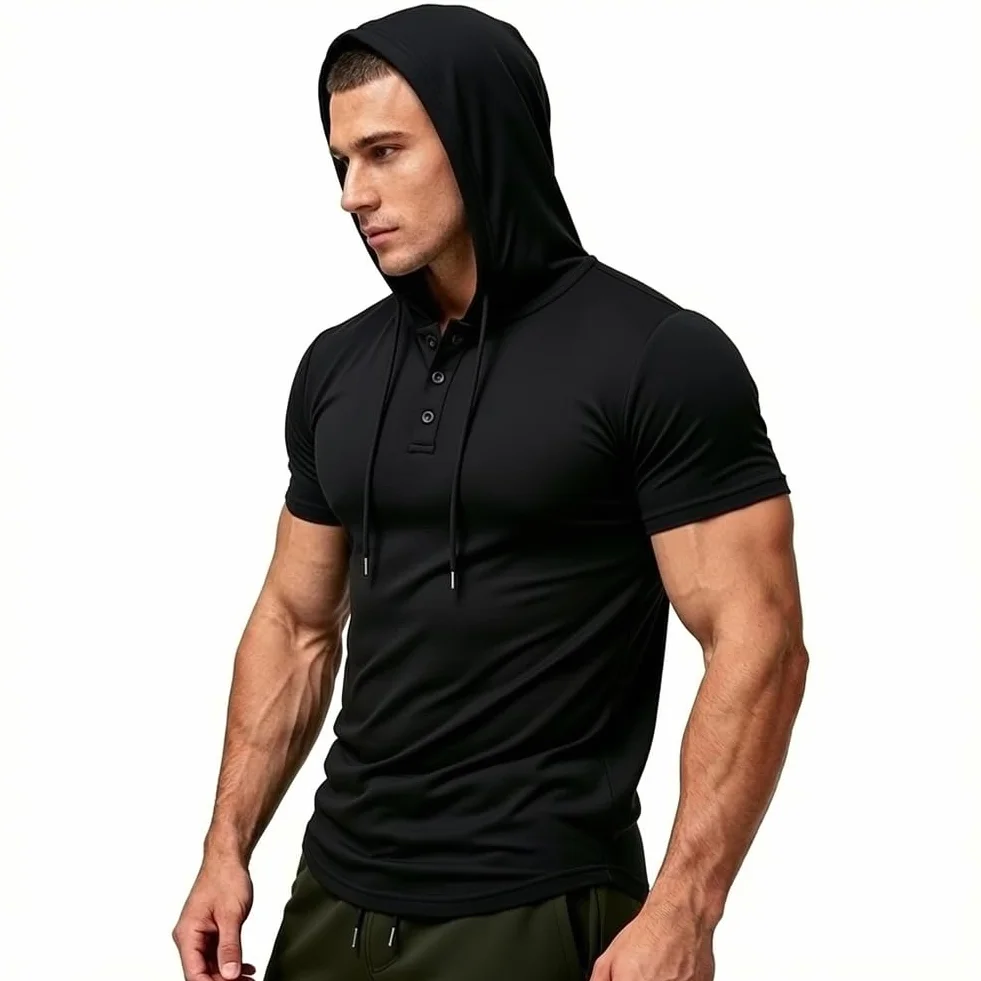 Męska bluza z kapturem z krótkim rękawem, sportowa bluza z kapturem z krótkim rękawem, oddychająca bluza z kapturem, koszula letnia, sportowa podkoszule, bluza z kapturem, na trening, siłownię