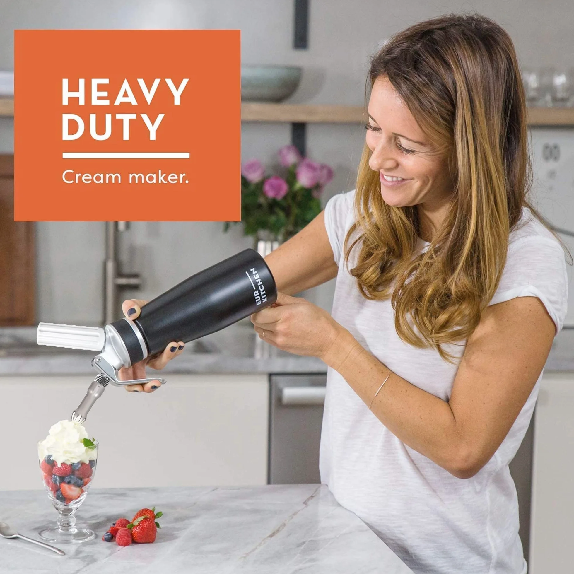 EurKitchen aluminiowy dozownik do bitej śmietany 500 ml z 3 dyszami