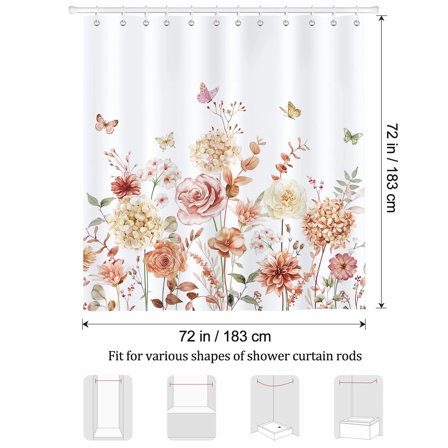 Bonhause Jesienne kwiaty zasłona prysznicowa 180 x 180 cm boho kwiatowy motyl rośliny zasłona łazienkowa wodoodporna odporna na pleśń i pleśń tkanina poliestrowa zasłona łazienkowa z 12 haczykami