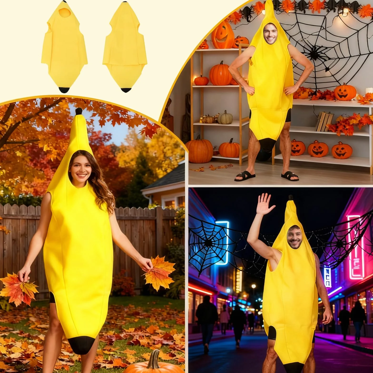 Zabawny kostium bananowy dla dorosłych, uniseks, z żółtymi okularami, na karnawał, Halloween, cosplay, zabawny kostium dla mężczyzn i kobiet, 150-175 cm