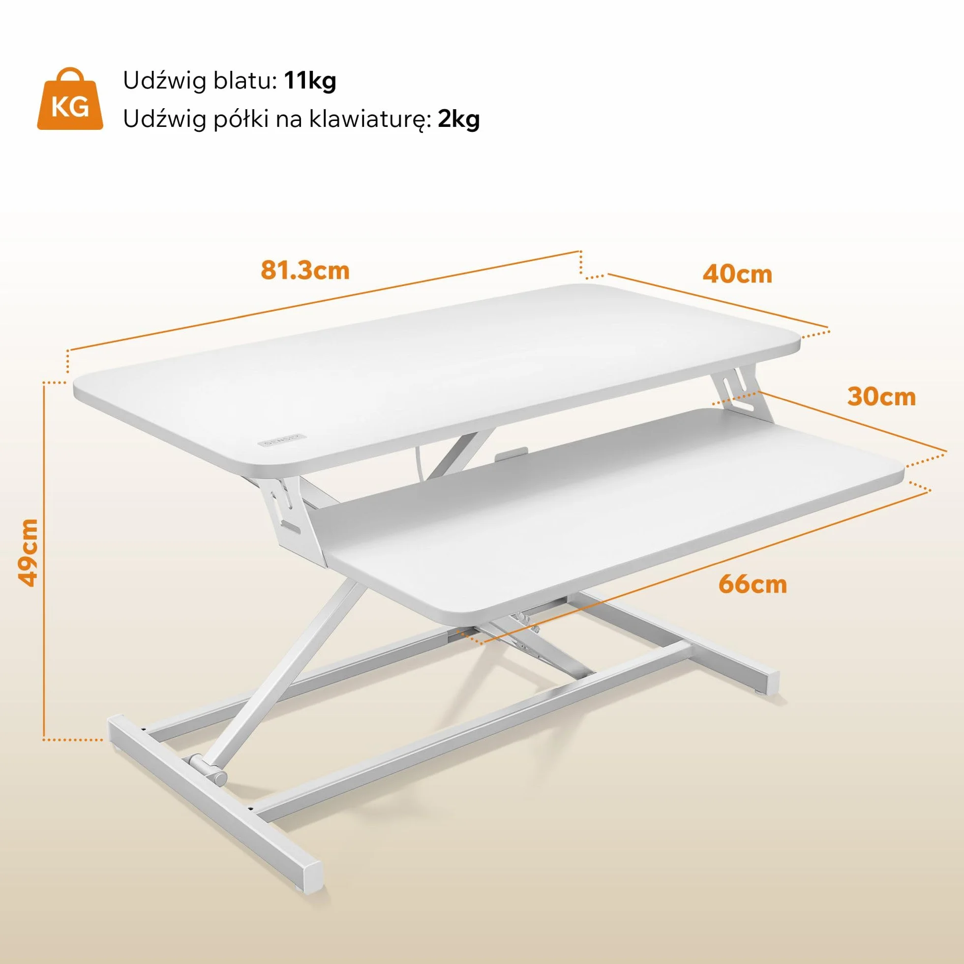 SENSE7 Desk Converter Regulowana Wysokość 81x40 cm Mobilna Konstrukcja Biała