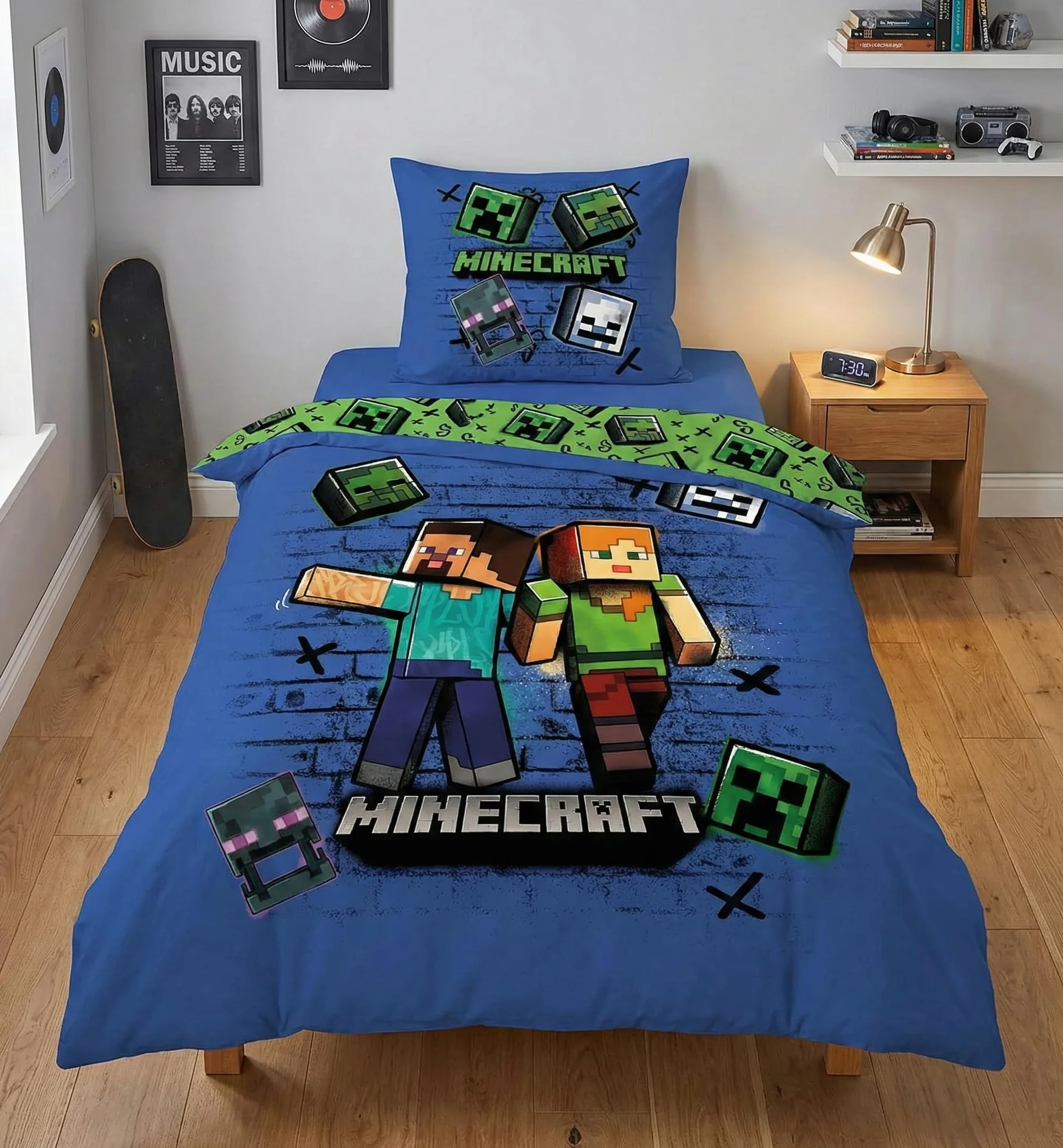 Minecraft Zestaw pościeli 135x200 cm 80x80 cm mikrofibra Steve Alex Creeper dwustronny