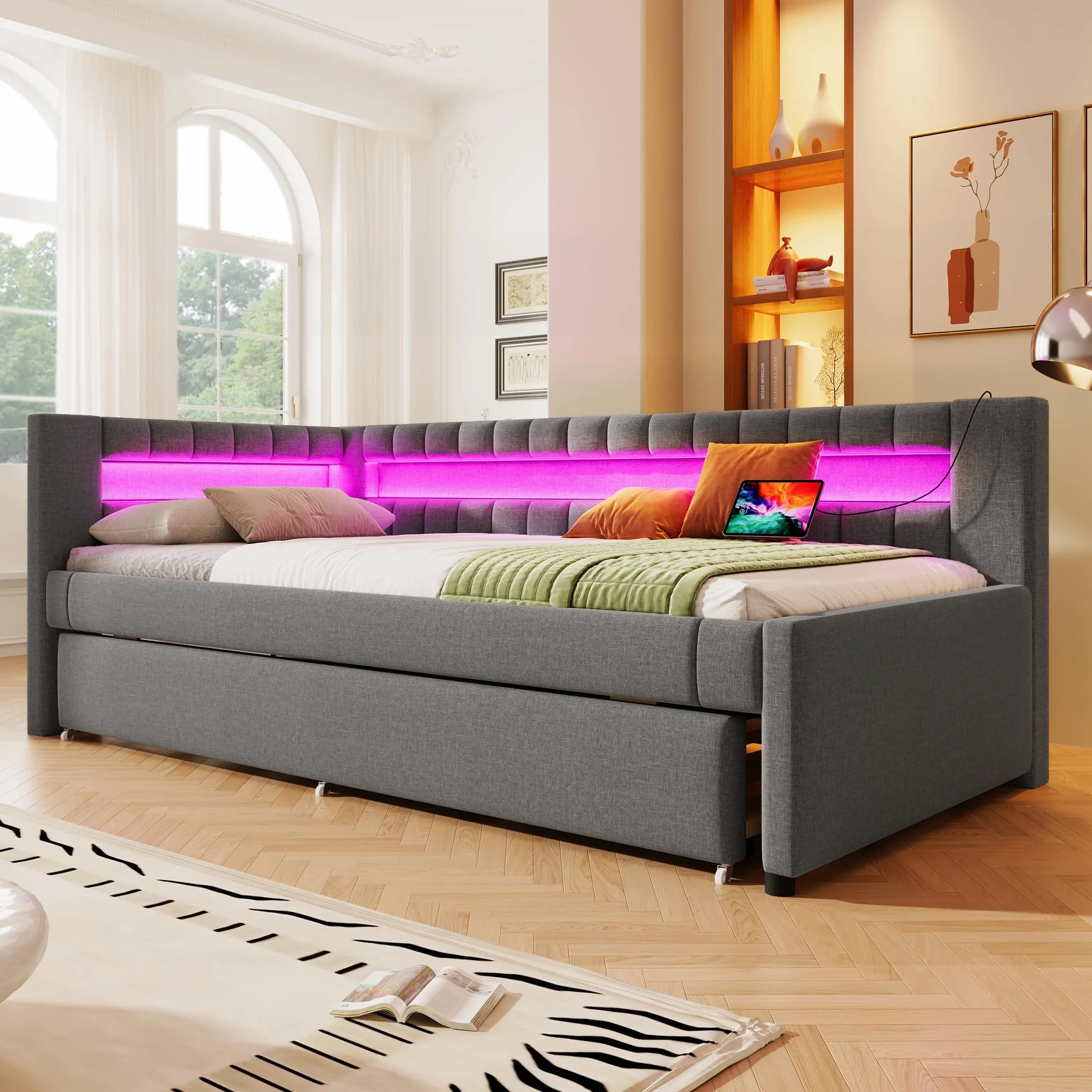 Łóżko tapicerowane z funkcją spania 90x200 cm z diodami LED i USB szare
