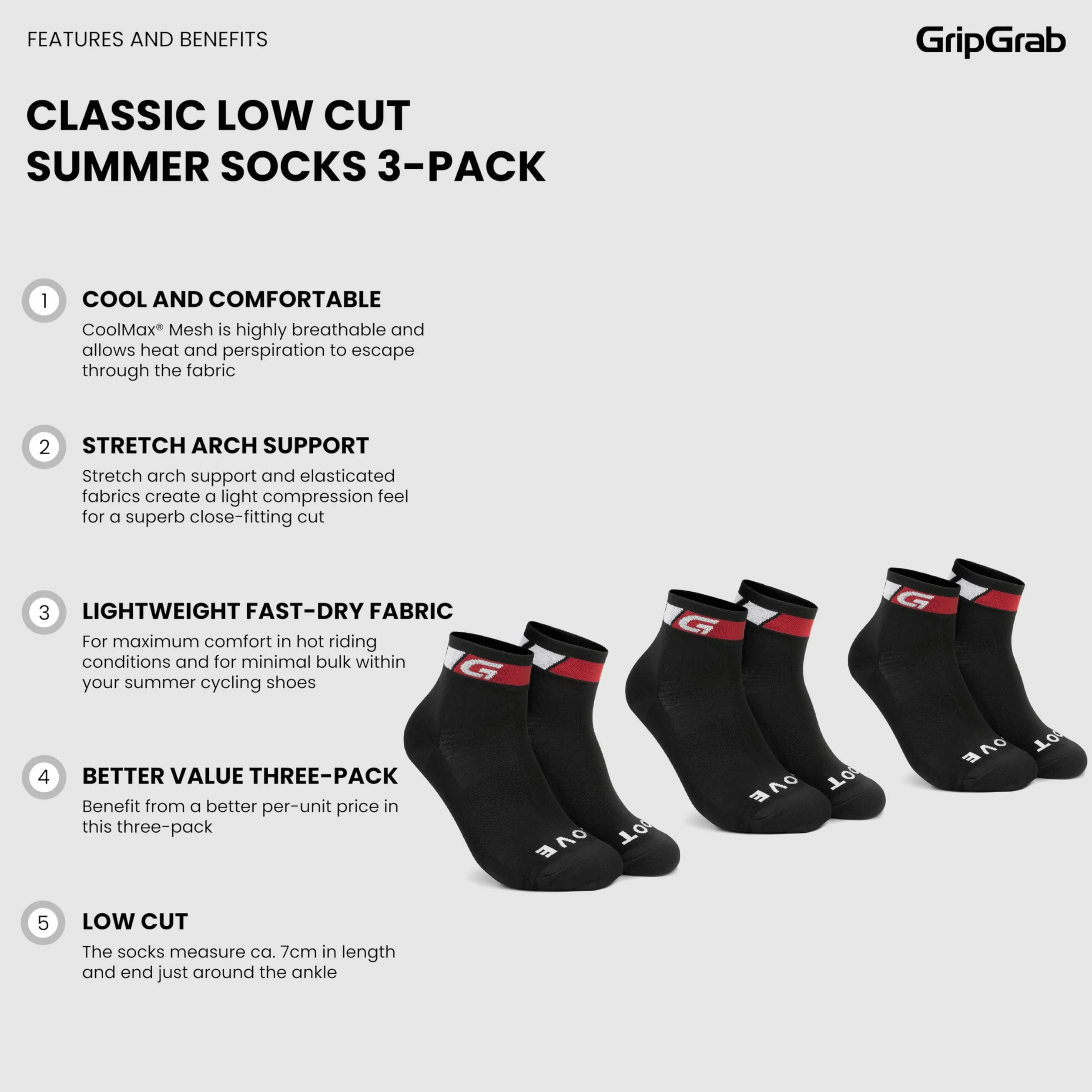 GripGrab Classic Low Cut 1 i 3-częściowy zestaw krótkich letnich skarpet rowerowych, wyścigowych, górskich, do użytku wewnątrz i na rowerze