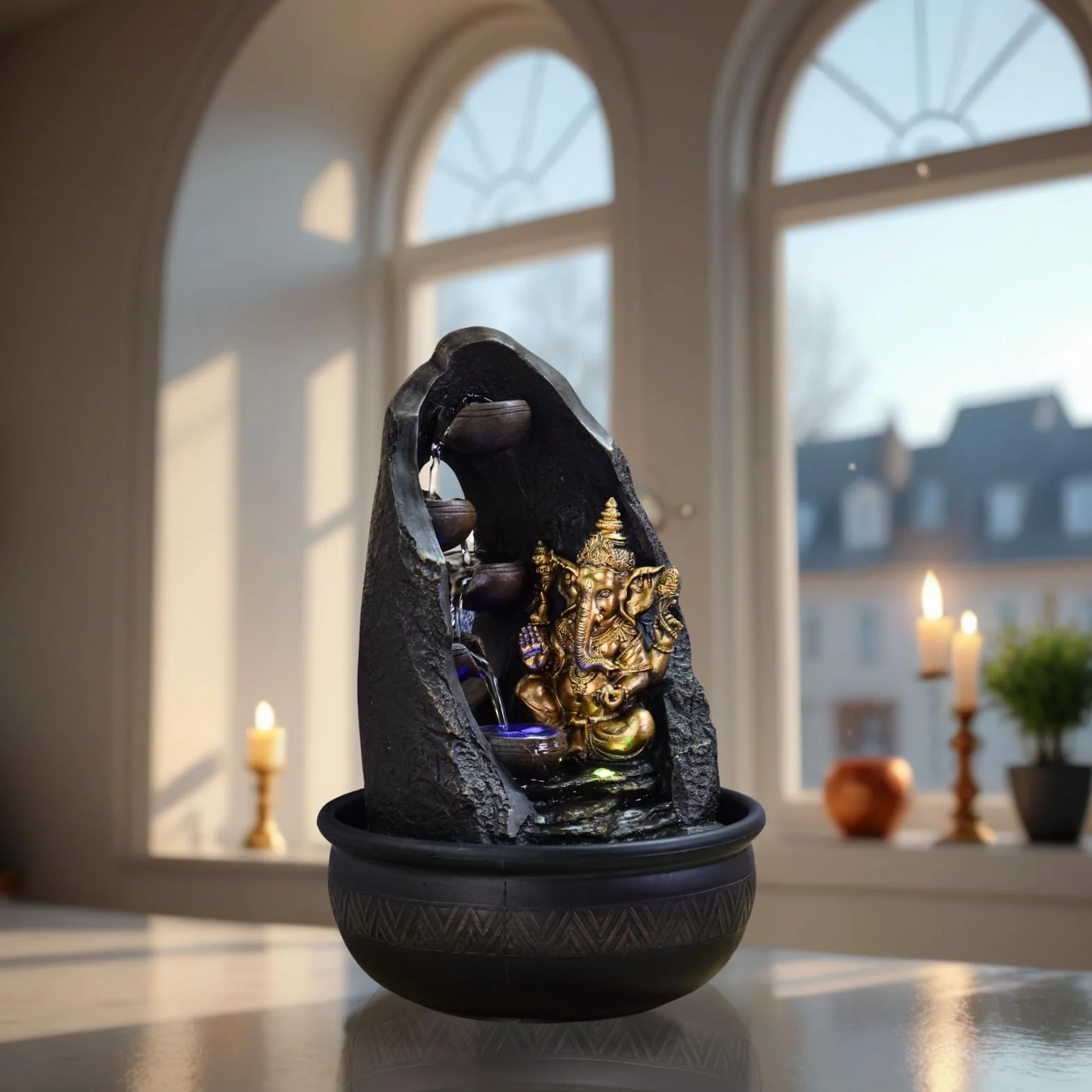 Budda Ganesh fontanna wewnętrzna z kolorowym światłem LED - dekoracja Feng Shui Zen - wspornik łóżka - wys. 40 cm - Mystic Zen'light