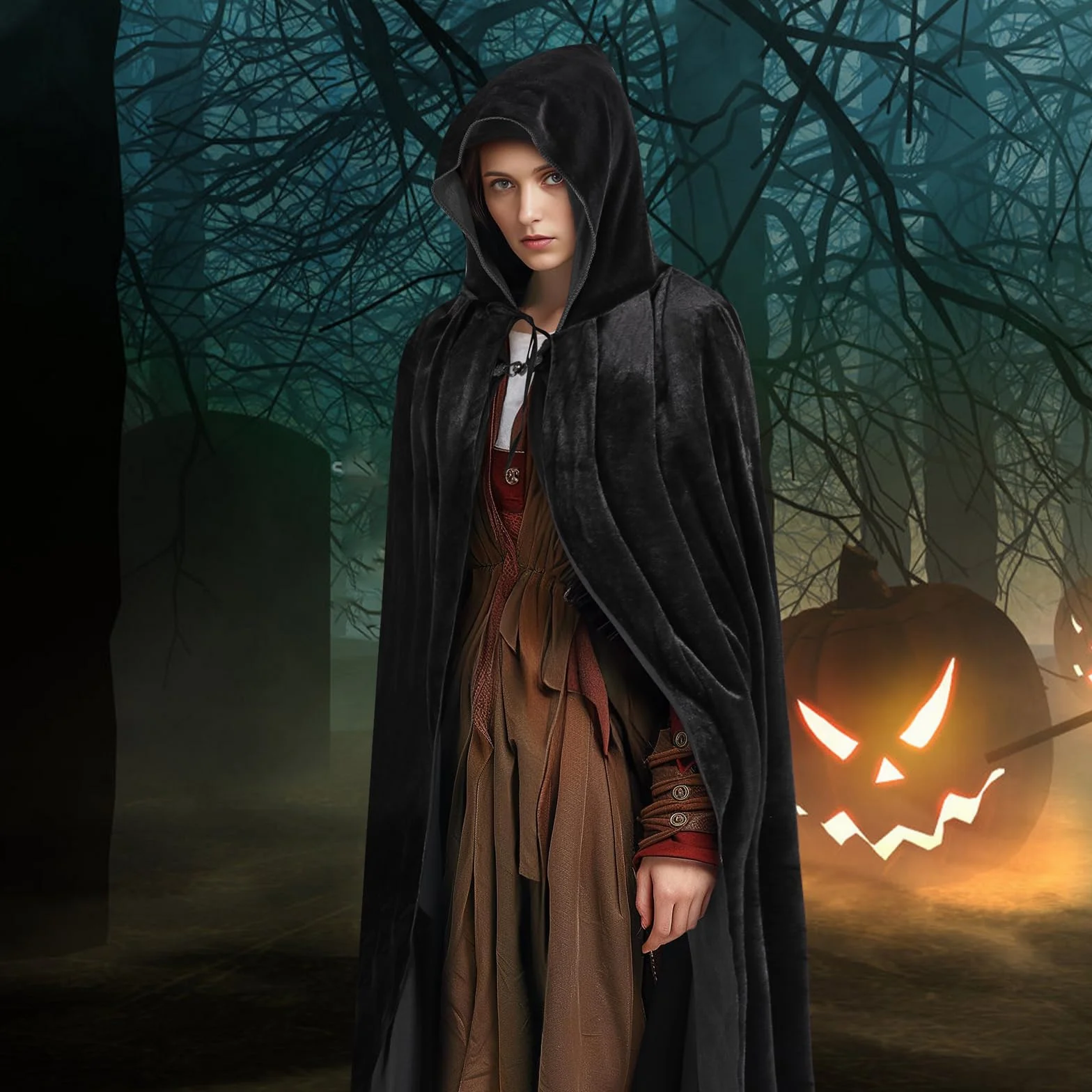 Kostium na Halloween, peleryna czarownica, damska wampira, kostium z kapturem, aksamitny, dla mężczyzn i mężczyzn, unisex, idealna na Halloween, karnawał, Cosplay i imprezę