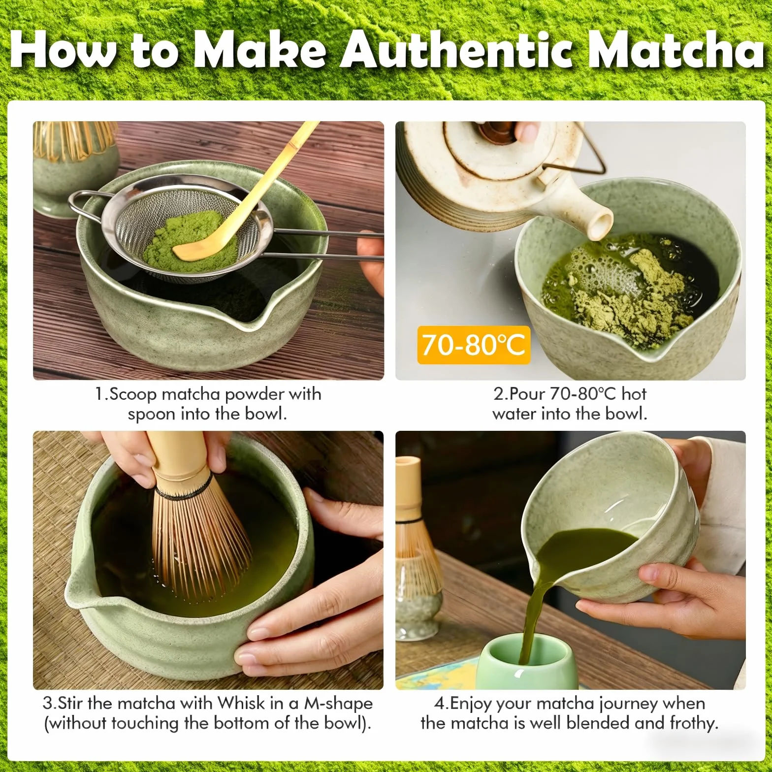 Zestaw Matcha 6 Elementów Trzepaczka Sitko Miseczka Bambusowe Łyżki Ceramiczny Stojak