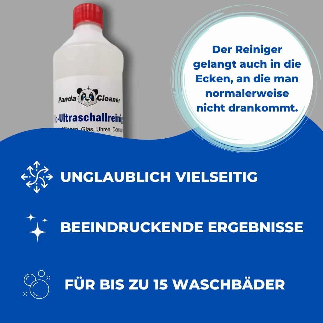 PandaCleaner Płyn do czyszczenia ultradźwiękowego – 250 ml koncentrat do okularów, produktów dentystycznych, złota, monet, szkła, zegarków (wodoodpornych) i wielu innych (250 ml)