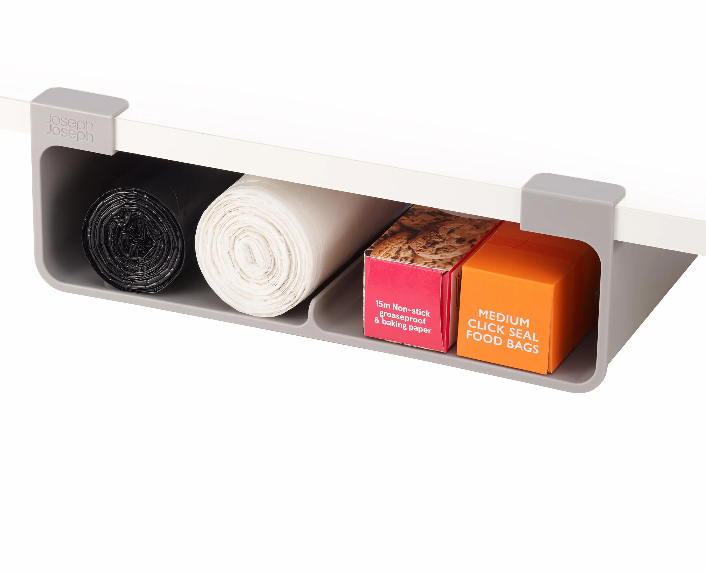 Joseph Joseph CupboardStore Organizer do Przechowywania Pod Półkę, Na Większe Rolki/Pudełka, Taśma 3M VHB lub Śruby, Pasuje do Szafek Powyżej 33 cm Szerokości