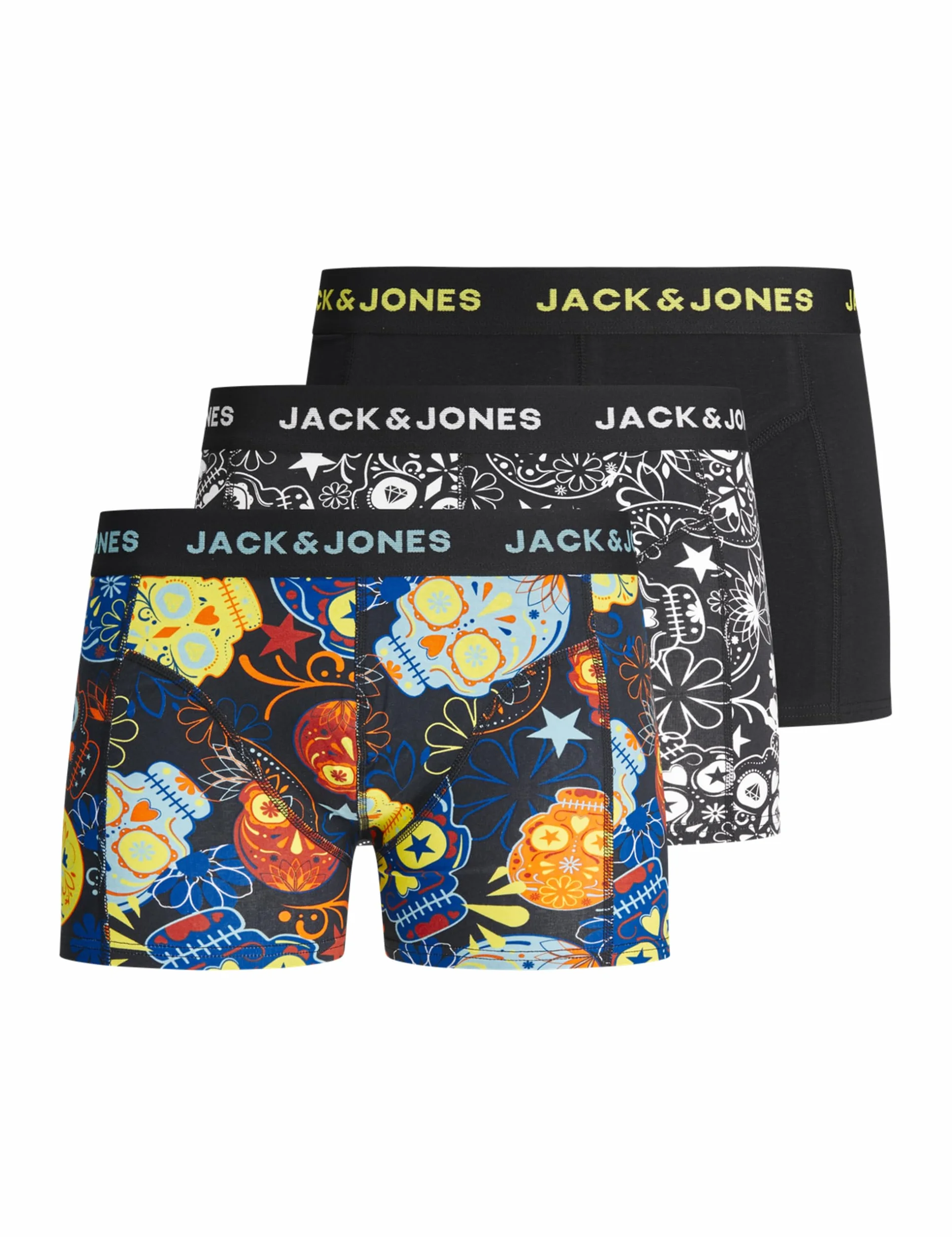 Jack & Jones Boy bokserki chłopięce, 3 sztuki, Sugar Skull Print, czarny/szczegóły: czarny – żółty, 128