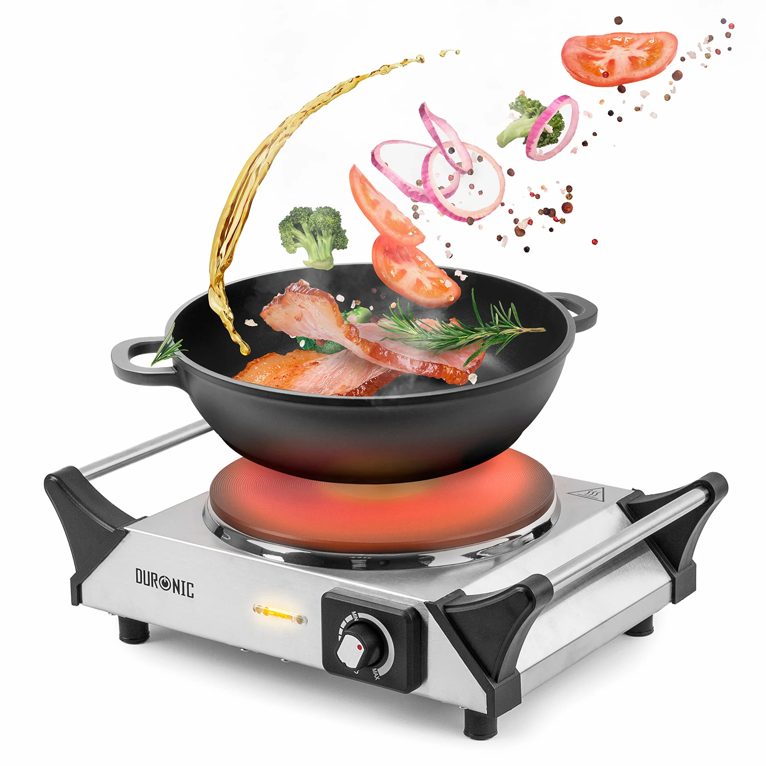 Duronic HP1 SS płyta kuchenna, elektryczna pojedyncza płyta grzewcza, płyta kuchenna ze stali nierdzewnej, bezstopniowa regulacja temperatury, uchwyty do noszenia, 1500 W, kemping