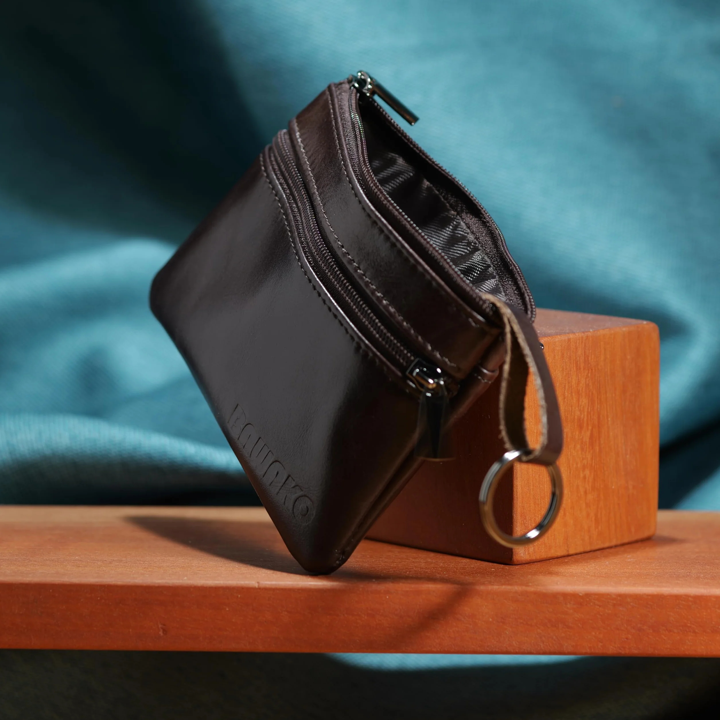 duże etui na klucze 3 przegródki zapinane na suwak prawdziwa skóra, etui na klucze dla kobiet, mężczyzn, dzieci (ciemny brąz, W9/L13)