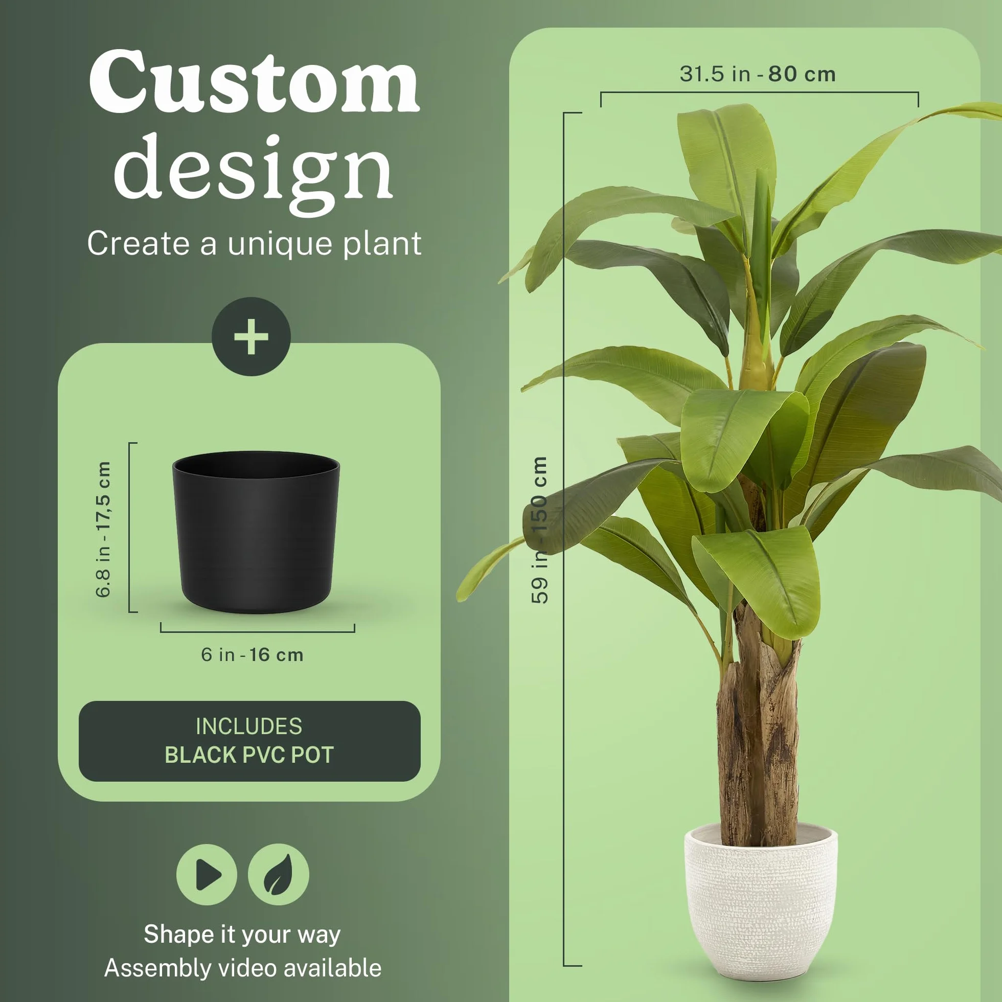 Maia Shop Sztuczne drzewko bananowe, 150 cm, do dekoracji domu i biura, hiperrealistyczna dekoracyjna sztuczna roślina z naturalnym pniem