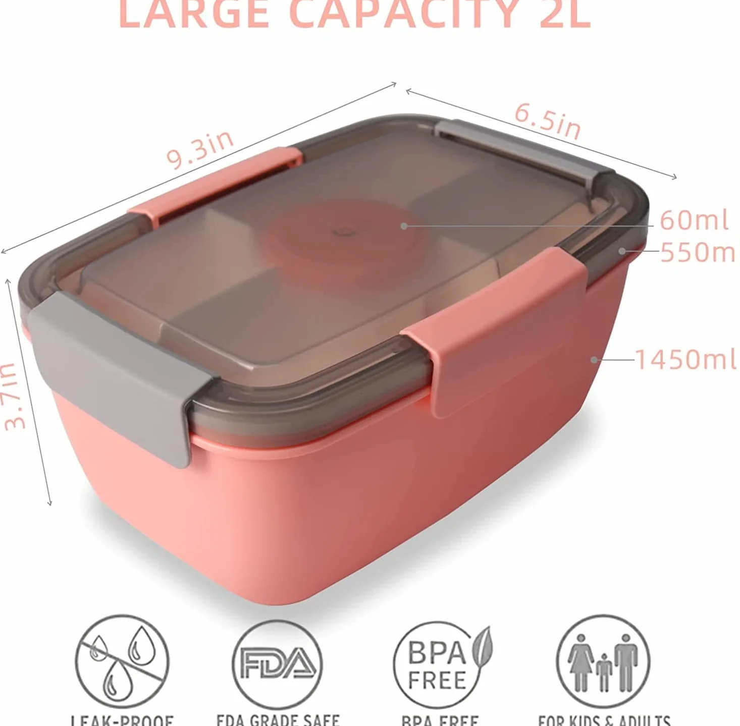 MUJUZE Bento Box 2000 ml 2-poziomowe pudełko na lunch z przegródkami, bez BPA, ze sztućcami, różowe