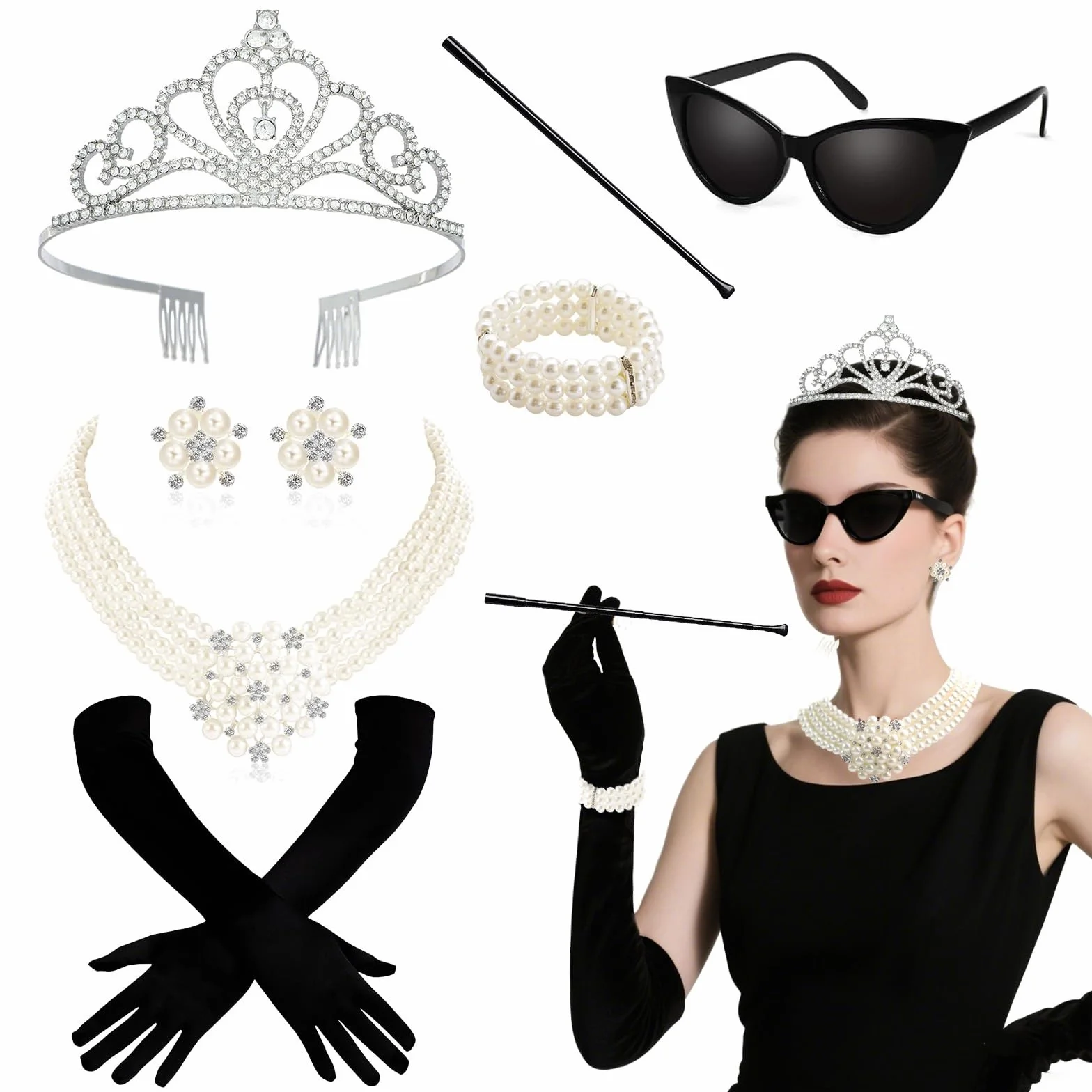 GOTRUST Kostium damski w stylu lat 20. XX wieku, 7 sztuk, czarny zestaw akcesoriów Great Gatsby, akcesoria Charleston z lat 20., dla kobiet, na bal absolwentów, Halloween, Nowy Rok