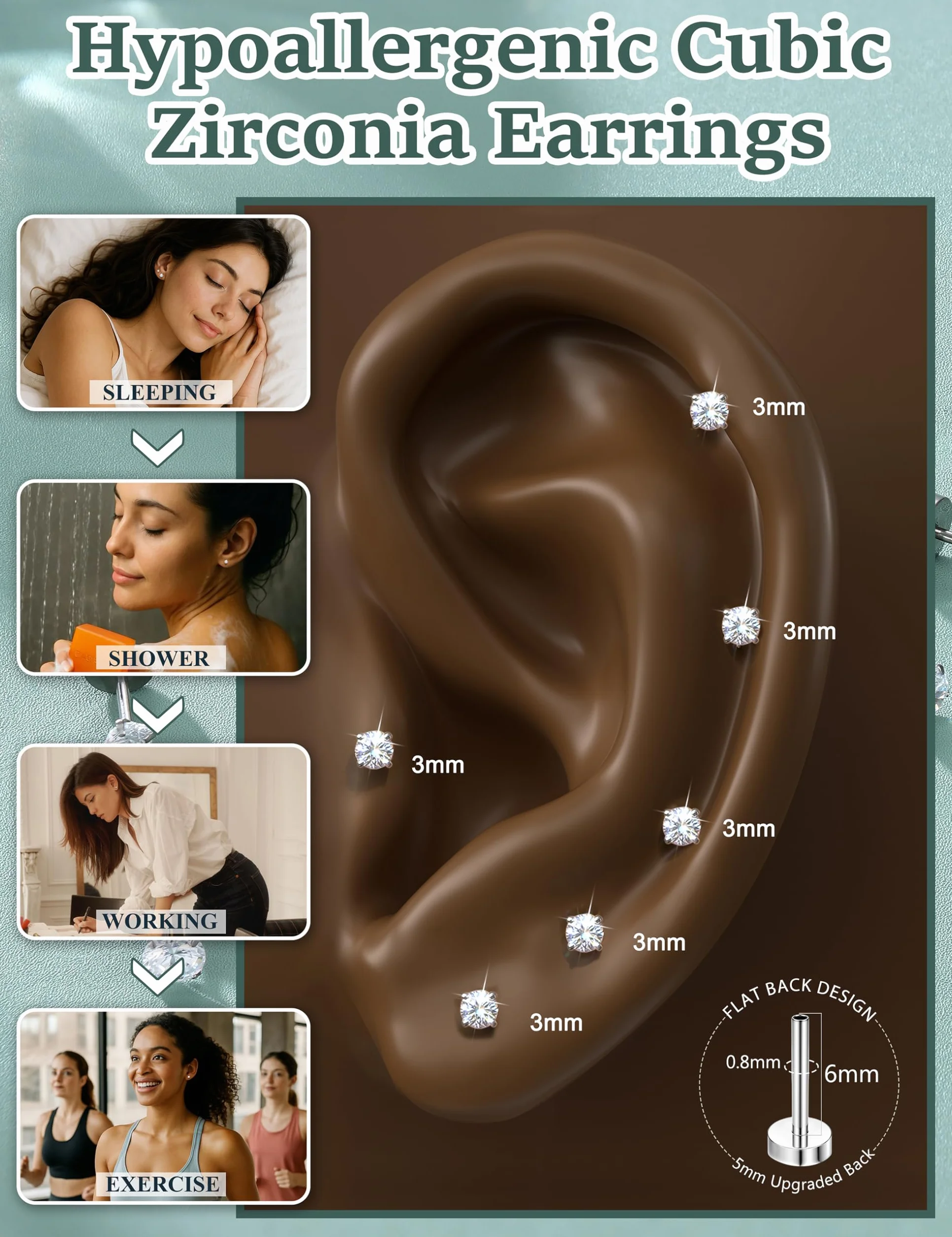 Diamday kolczyki do chrząstki zestaw 6 par 20 g 316L stal chirurgiczna płaski tył 2-5 mm tragus helix piercing hipoalergiczna