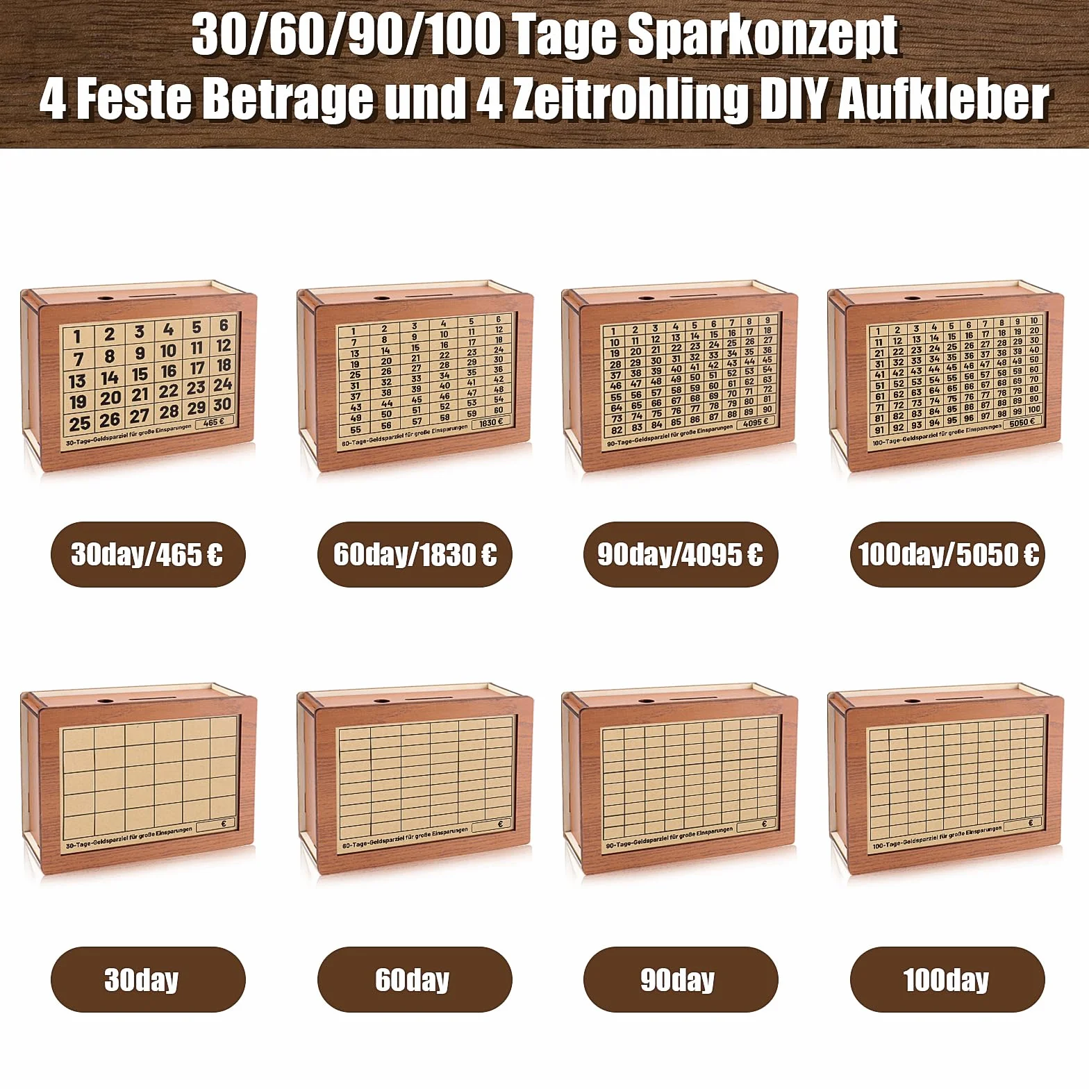 Skarbonka drewniana z cyframi 30/60/90/100 dni koncepcja oszczędnościowa 8 sztuk