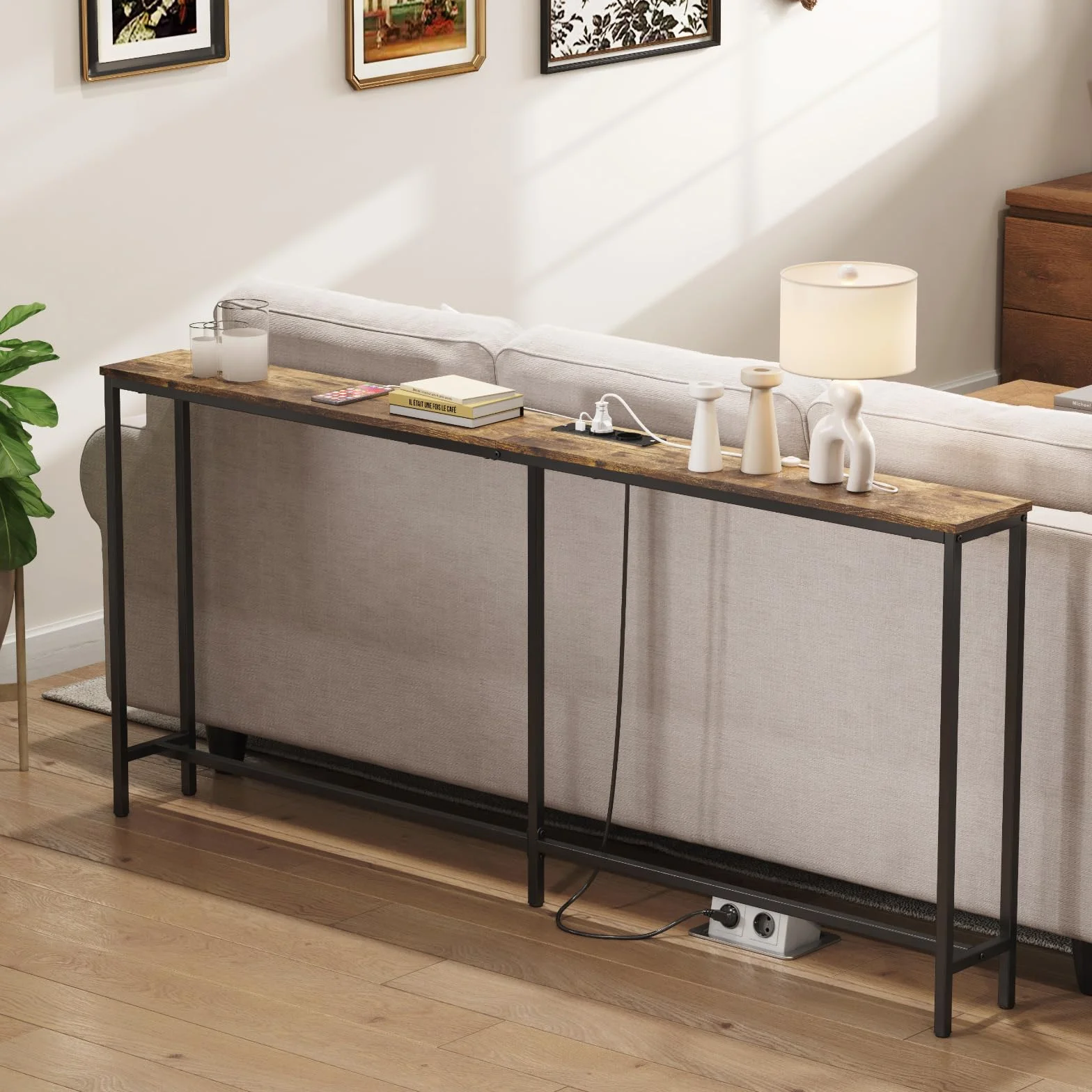 Lifewit 70.9" Wąski, długi stolik konsolowy z 2 gniazdami zasilania i portami USB do salonu, przemysłowy stolik do przedpokoju, korytarz biurowy za sofą, łatwy montaż, rustykalny brąz