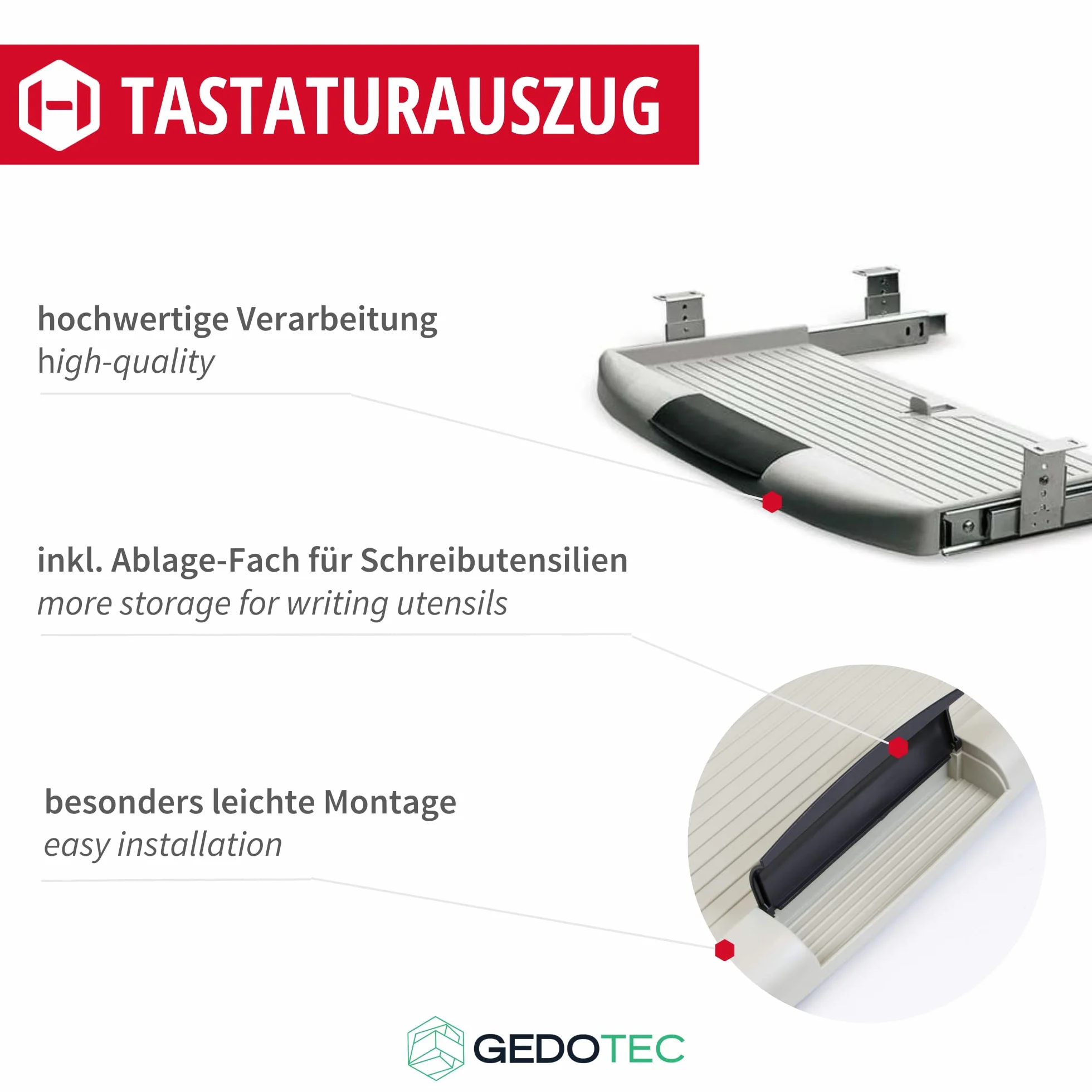 Gedotec Półka na klawiaturę do montażu pod biurkiem | 1 zestaw szuflad na klawiaturę do montażu pod biurkiem - szara | wysuwana półka pod stół wraz z półką | szuflady i szuflady na klawiaturę