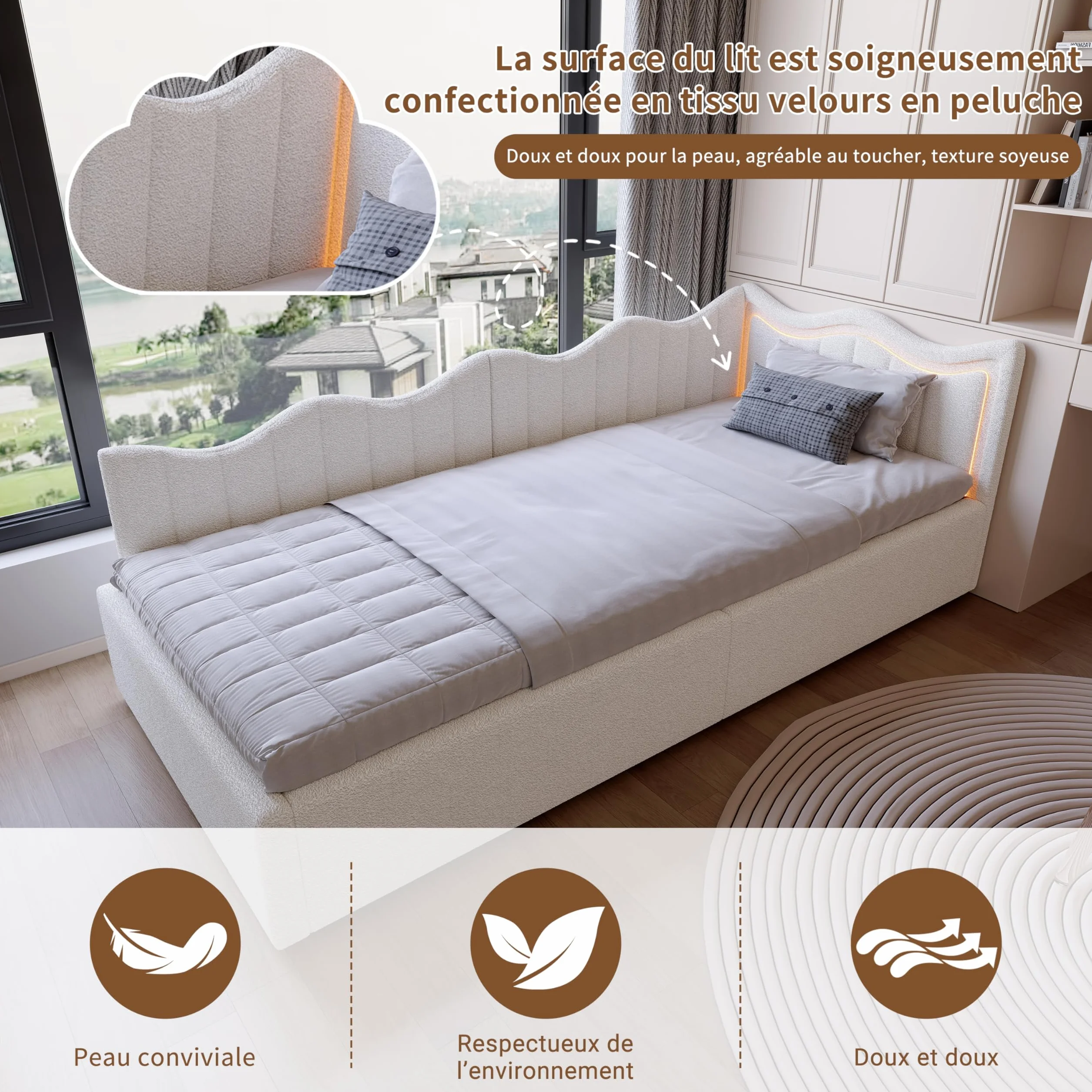 Łóżko 90 x 200 z hydraulicznym miejscem do przechowywania, sofa łóżko ze światłem LED, tapicerowane łóżka z łóżkiem na listwach, łóżka dla dzieci 90 x 200 z zagłówkiem, aksamitne Teddy, białe