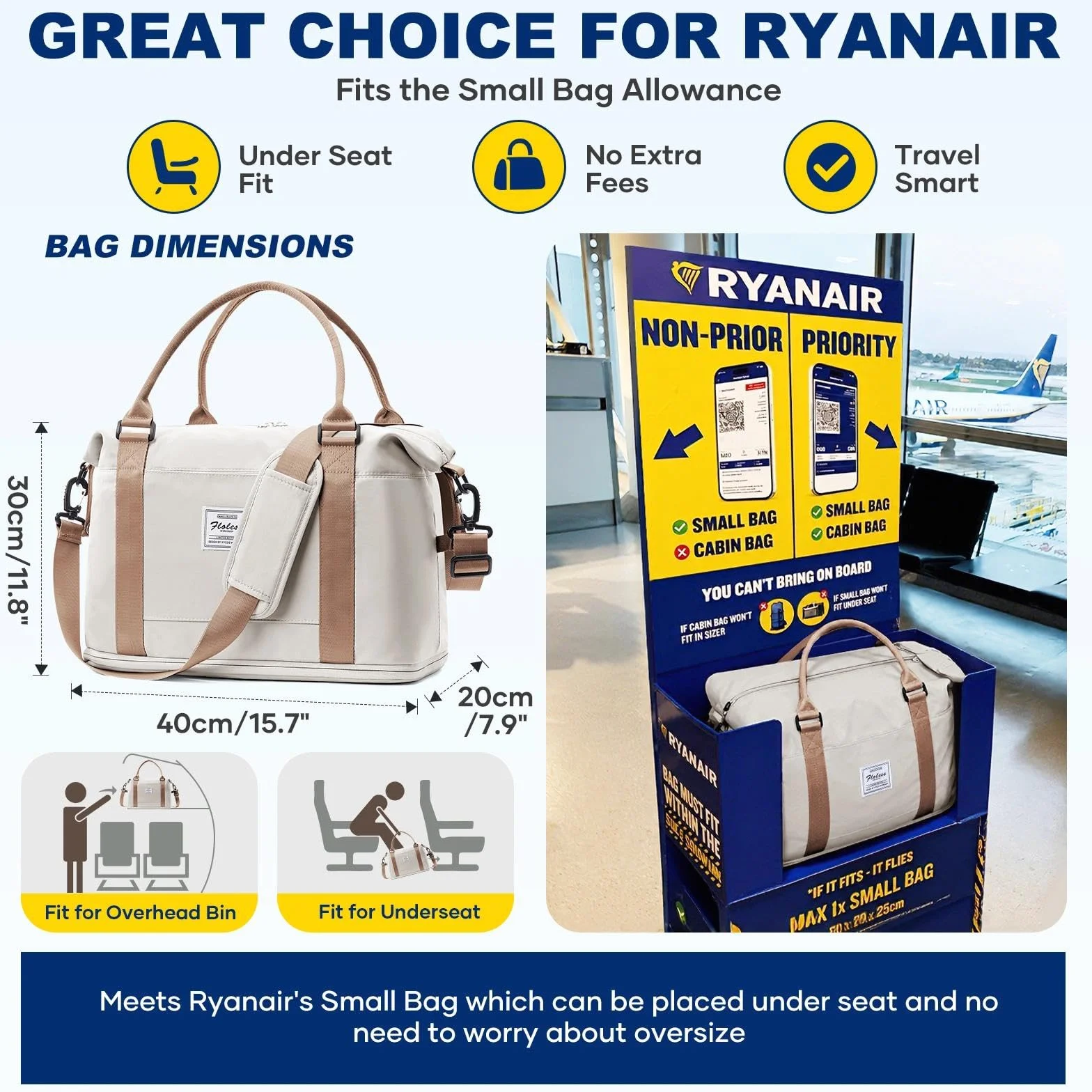 SEAFEW Torba podróżna 40x30x20 dla Ryanair, Rozszerzana Torba podróżna na weekend-bagaż ręczny, Torba sportowo-fitness, torba szpitalna dla mamy, dla kobiet i mężczyzn,A01-Beżowo-brązowy