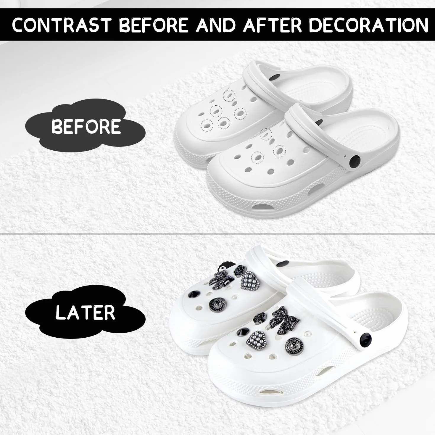 Crocs przypinki, przypinki do butów crocs, kokardka sznurówki charmy, odpinane zawieszki do butów, Crocs Pins dla dziewcząt, kobiet i dorosłych, dwa style: srebrny i czarny