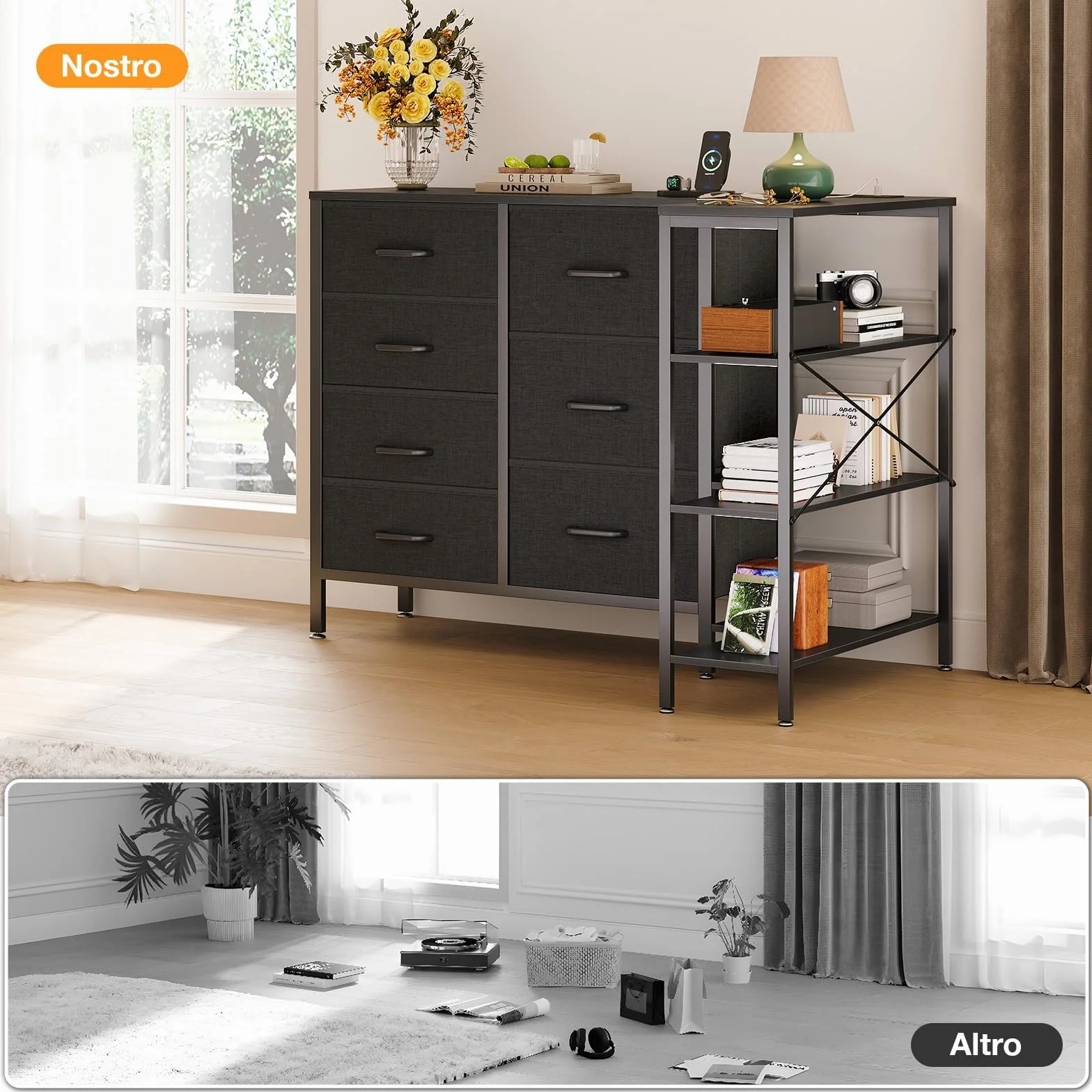 Coleshome Komoda narożna z 7 szufladami, 2 gniazda USB, 2 gniazda AC, LED, czarna