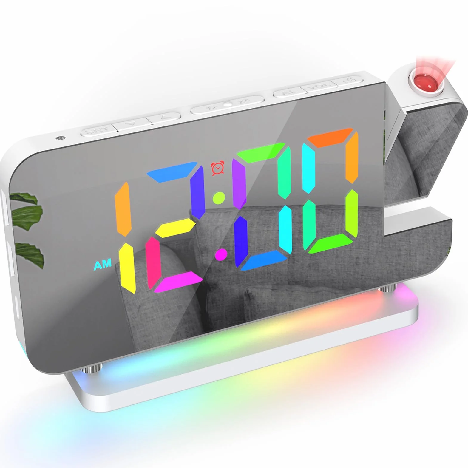 ThreeH Budzik LED RGB z projektorem lustrzany Auto Dimming podwójny port USB lampka nocna