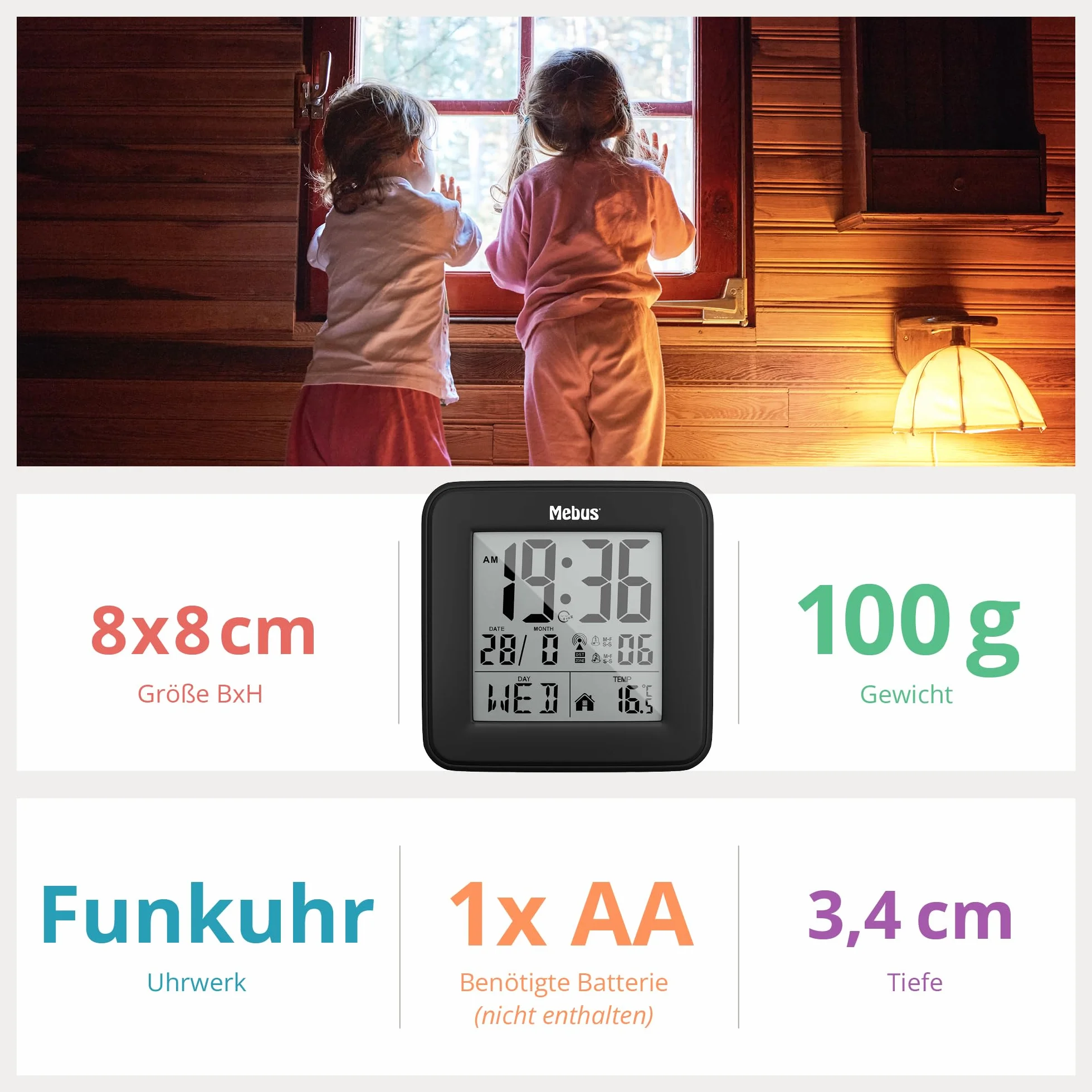 MEBUS Digitaler Funk-Wecker mit Thermometer Beleuchtung Kalender Schwarz Modell 25595