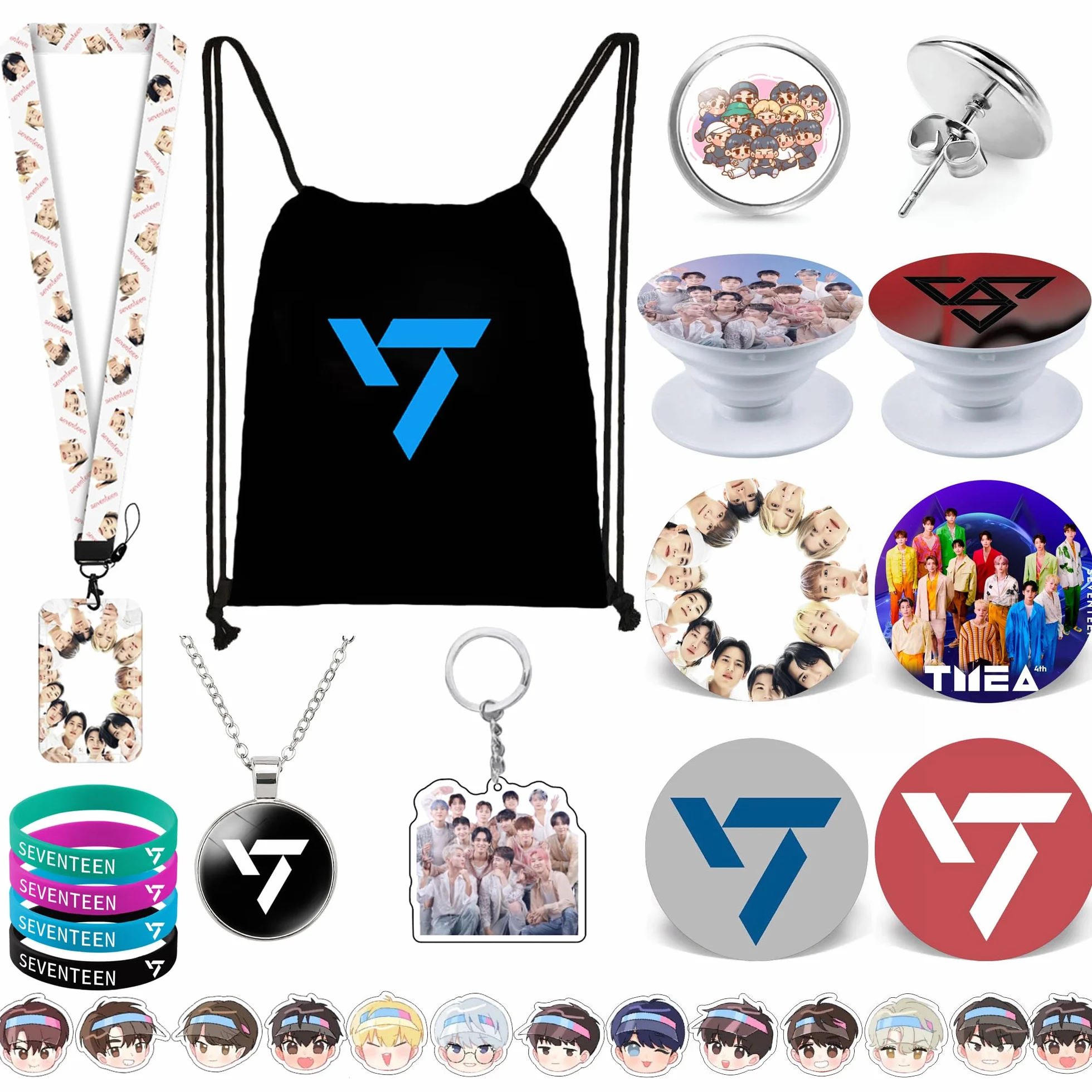 Zestaw prezentów Kpop Seventeen, w tym plecak ze sznurkiem, naszyjnik, kolczyki, bransoletki, przypinki na guziki, uchwyt na identyfikator smyczy, brelok, uchwyt na pierścionek na telefon,