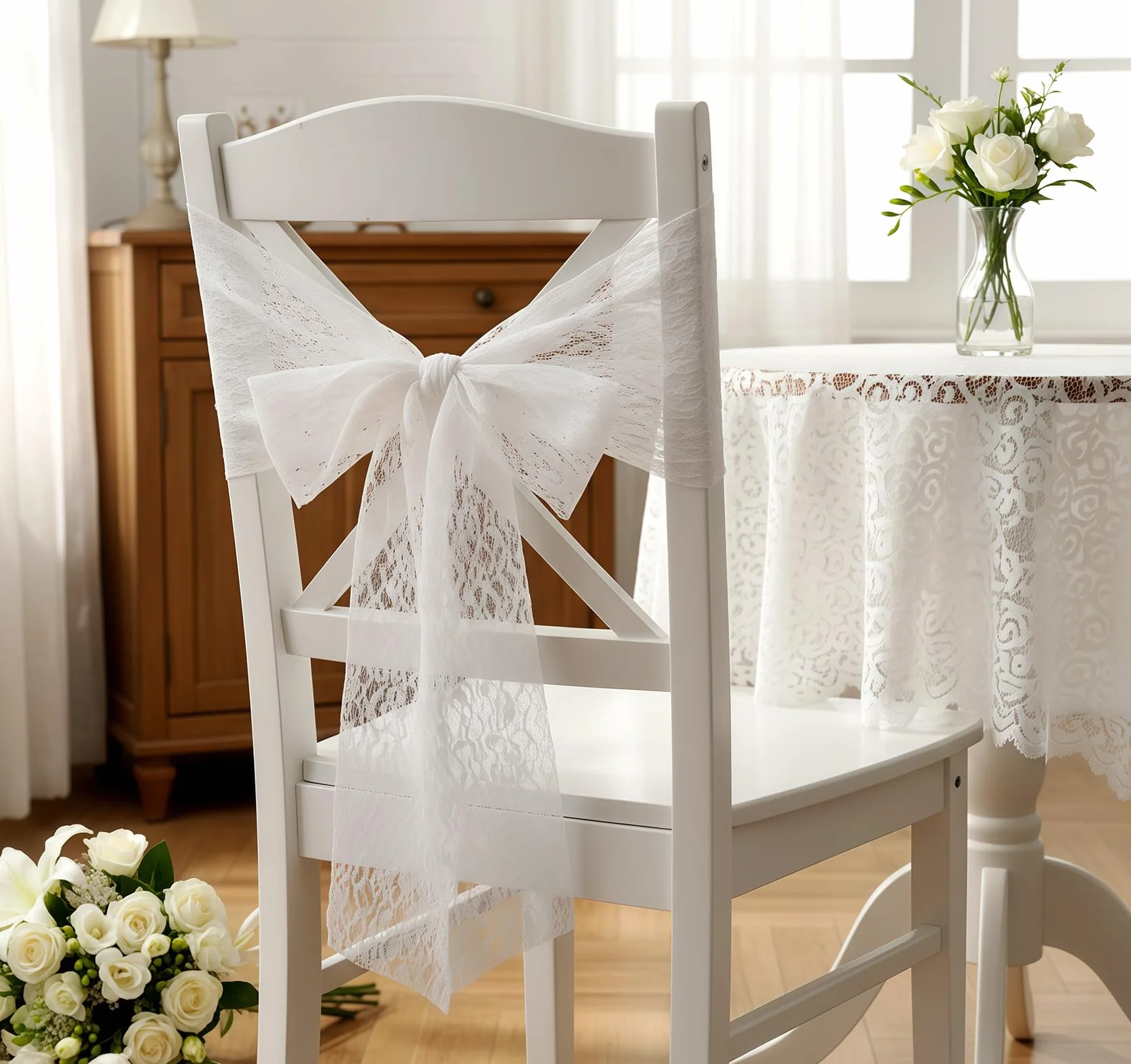 Anstore Zestaw dekoracji stołu, bieżnik 30 cm x 25 m, bieżnik koronkowy 30 cm x 22 m, serwetki kwiatowe 33 x 33 cm na komunię wesele