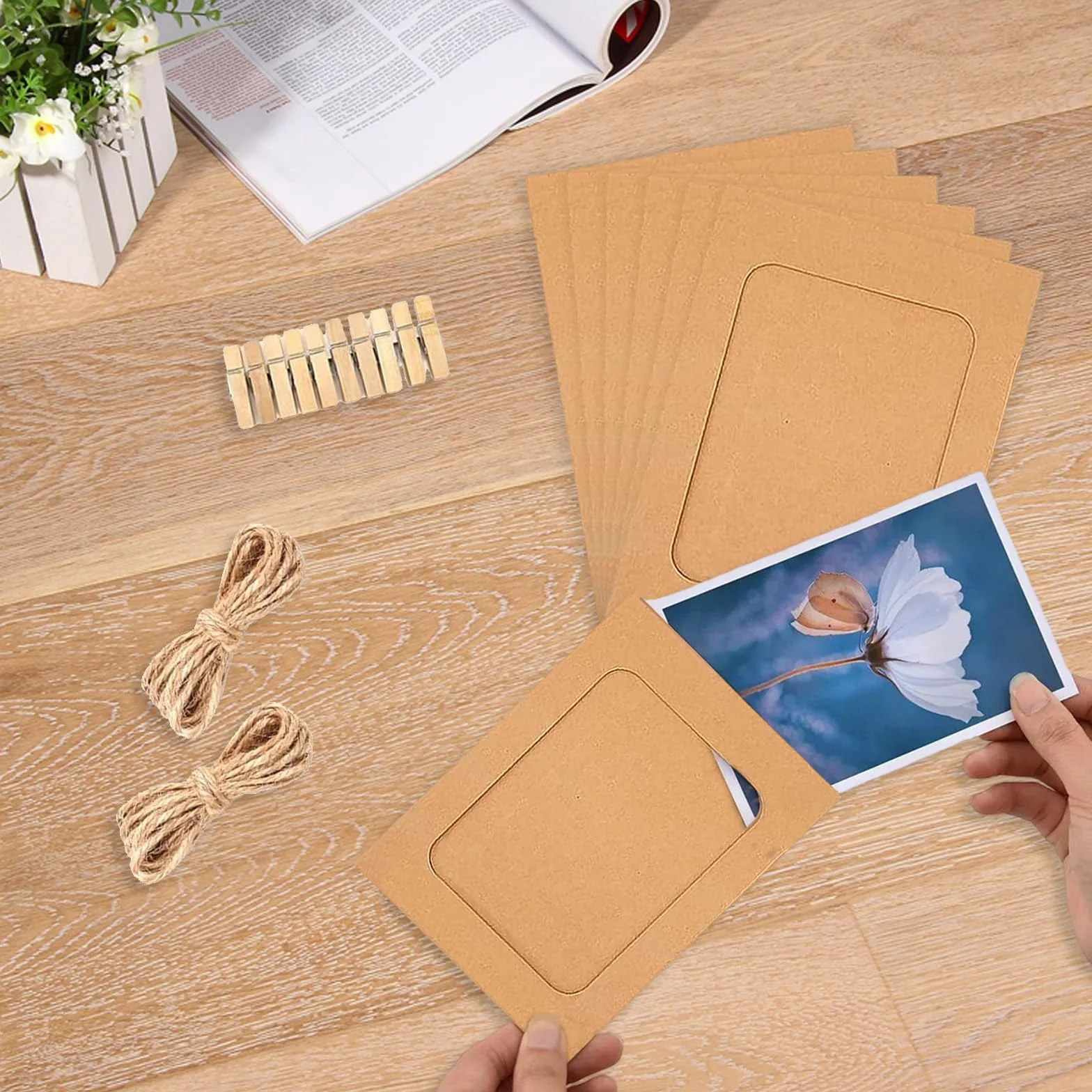 Ściana ze zdjęciami, 20 sztuk papierowych ramek na zdjęcia 10 x 15 cm z klipsami, girlanda na zdjęcia i wisząca girlanda fotograficzna, zasłona do zdjęć, dekoracja na wesele, przyjęcie, do