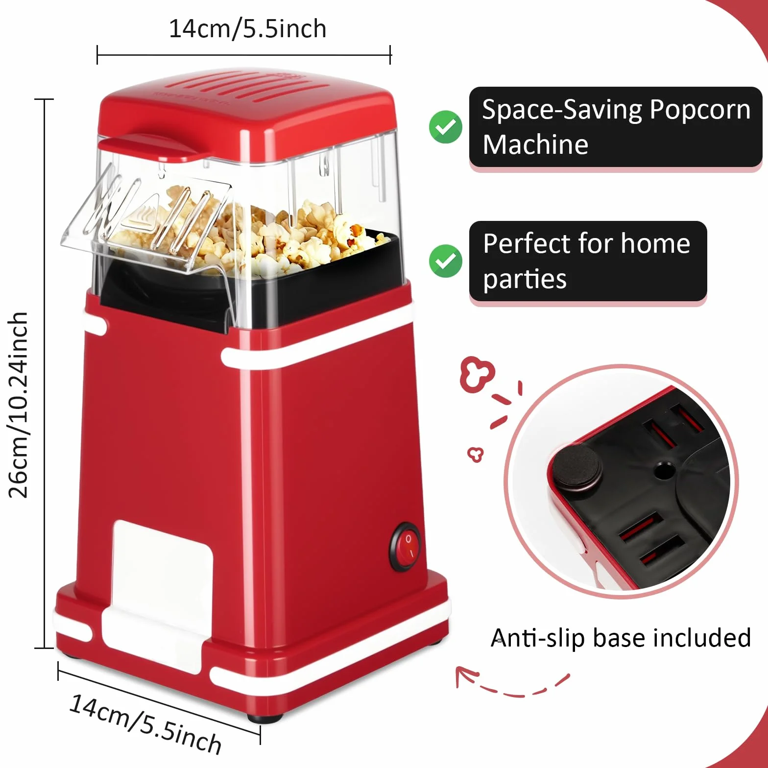 VINATO Maszyna do popcornu, gorące powietrze, 1200 W, bezolejowa maszyna do popcornu, 1 przycisk, przygotowuje popcorn tylko przez 2 minuty, idealny do domu i podróży