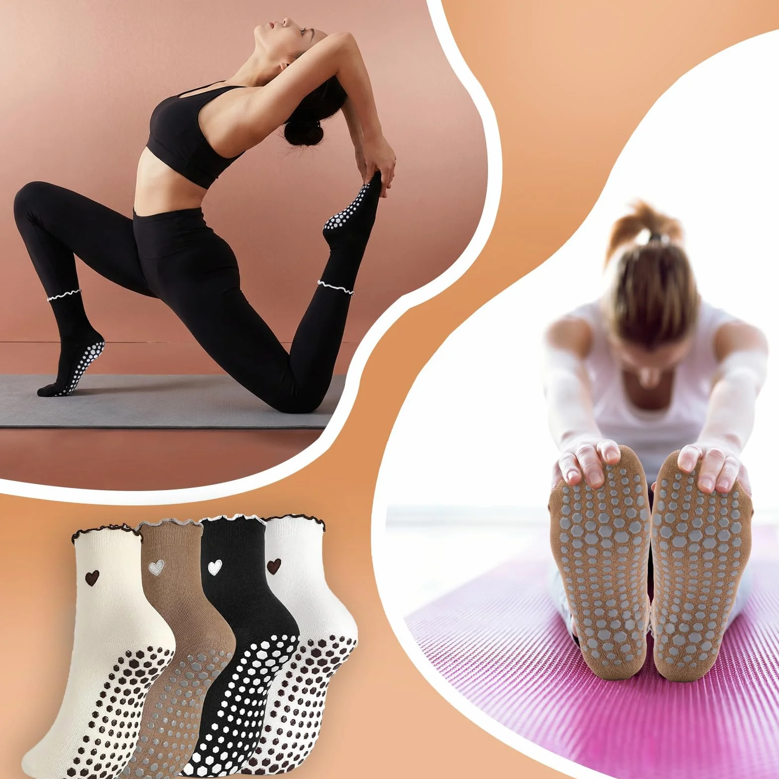 4 pary skarpet do pilatesu, jogi, stoperów, damskie z wypustkami, długość do połowy łydki, rozmiar 36-40, bawełna, oddychające, do pilatesu, fitnessu, jogi, dla kobiet w ciąży