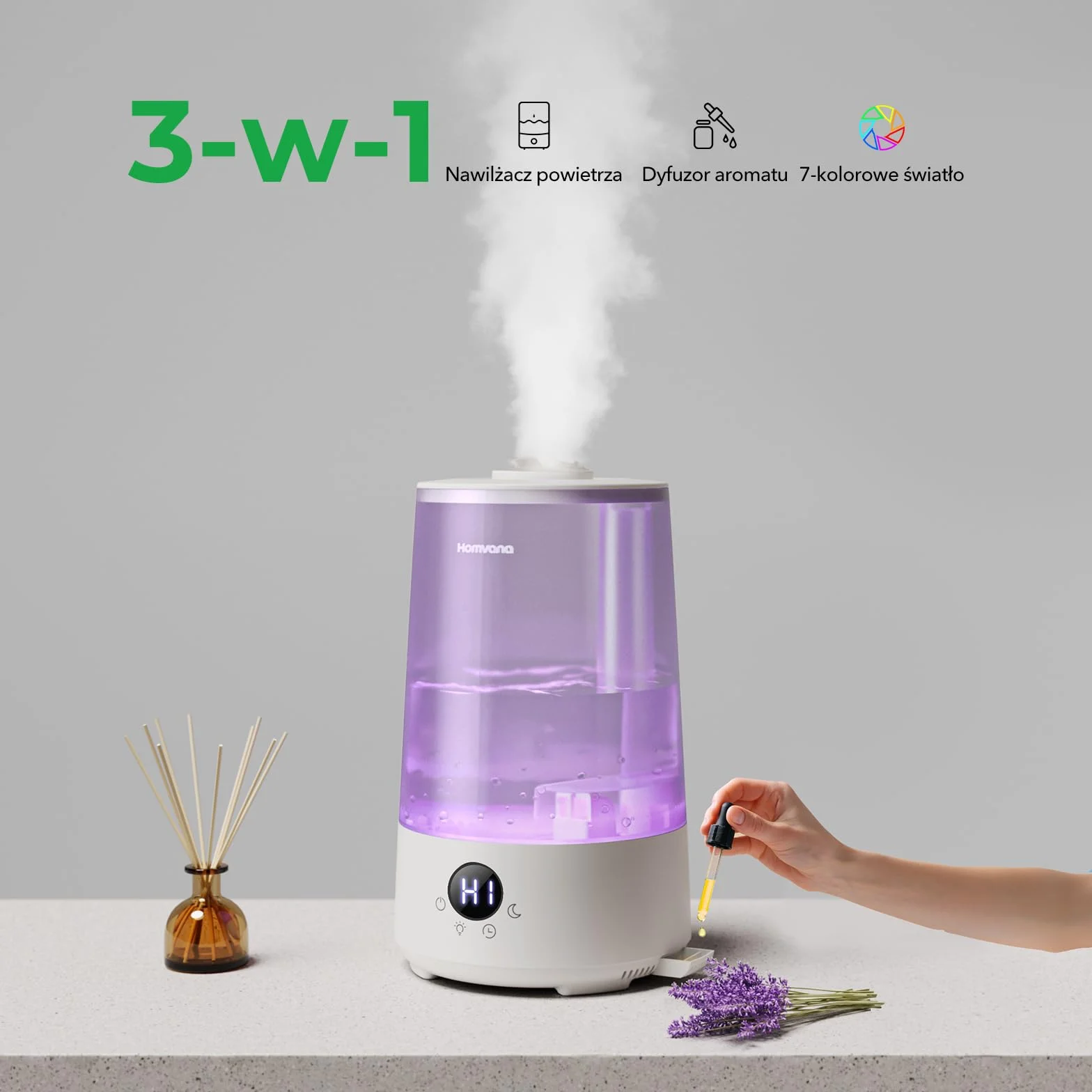 Homvana Nawilżacz Powietrza 3,6L Plastik Sypialnia Pokoju Dziecka, Ultradźwiękowy 360° Cool Mist, 34h Pracy, Bardzo Cichy 16 dB (SilentSpray), Bez BPA, Dyfuzor Zapachowy, 7 Kolorów LED