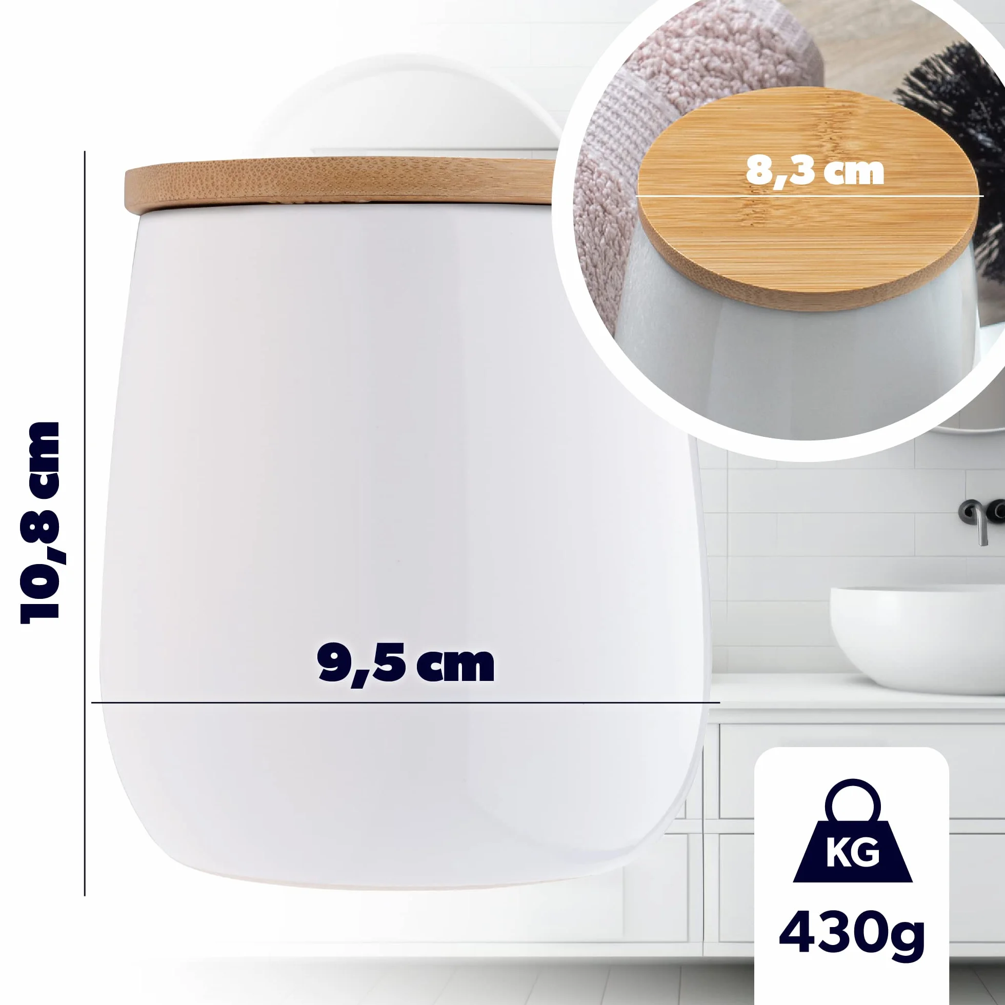 KADAX Pojemnik łazienkowy ceramiczny biały z bambusową pokrywką, szczelne zamknięcie ogranicza wilgoć, zmywalna powierzchnia, na waciki kosmetyczne, patyczki i drobiazgi do łazienki