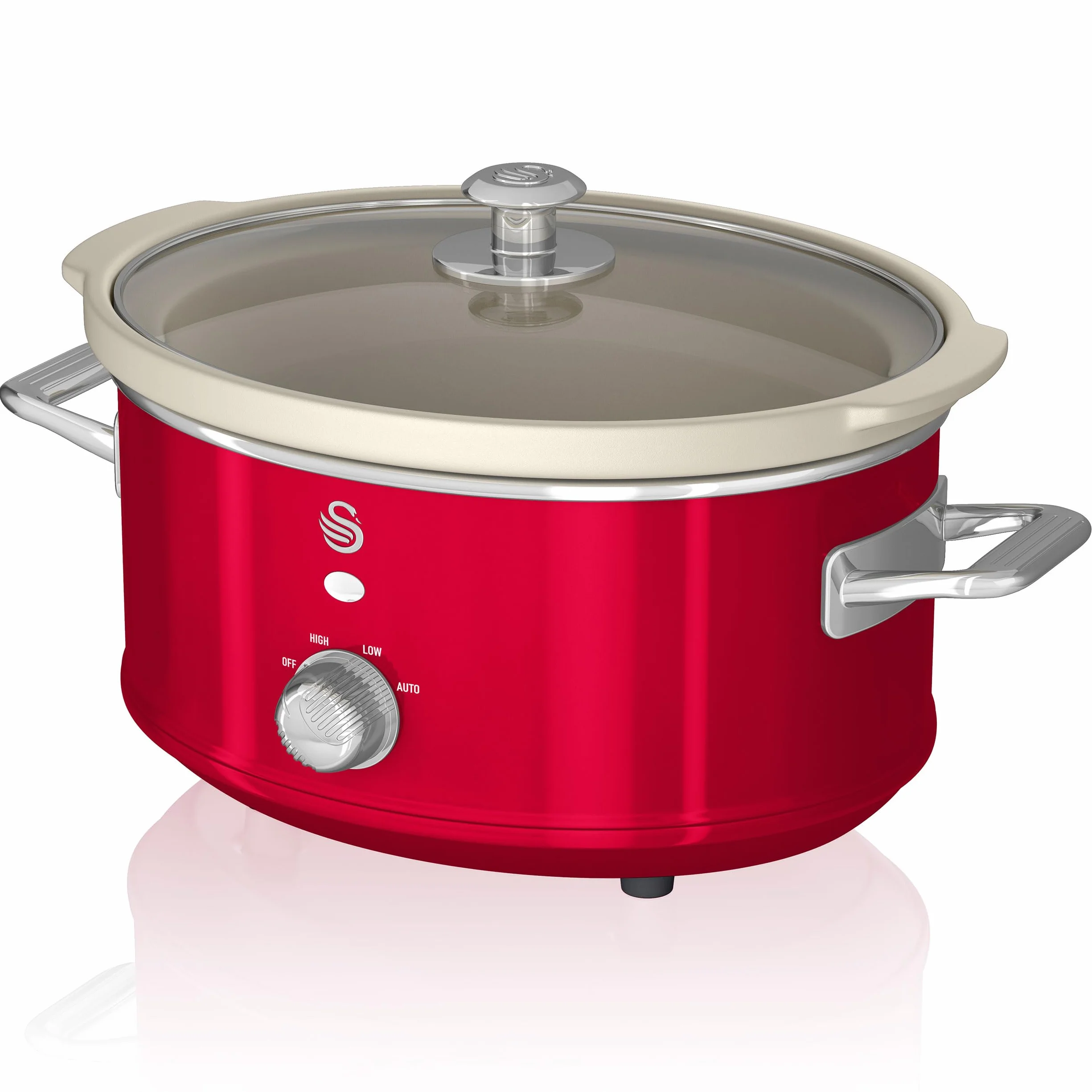 Swan Retro SF17021RNEU wolnowar 3,5 l Wymienny pojemnik, nieprzywierająca ceramika wolna od PFOA i PTFE, 3 poziomy temperatury, szklana pokrywa, powolny kucharz, vintage design, czerwony, 200 W