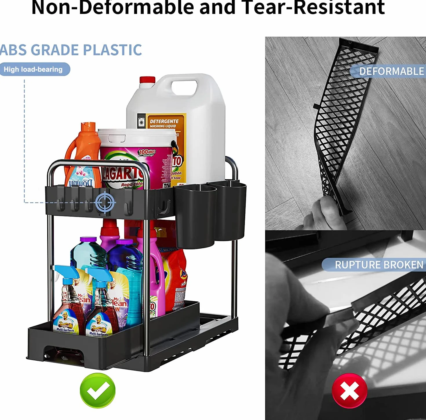 CompraFun Organizer pod zlewem 2 poziomy, przesuwany organizer pod zlew kuchenny z 4 haczykami i 2 wiszącym koszem, wyjmowana półka do przechowywania pod zlewem kuchnia, łazienka